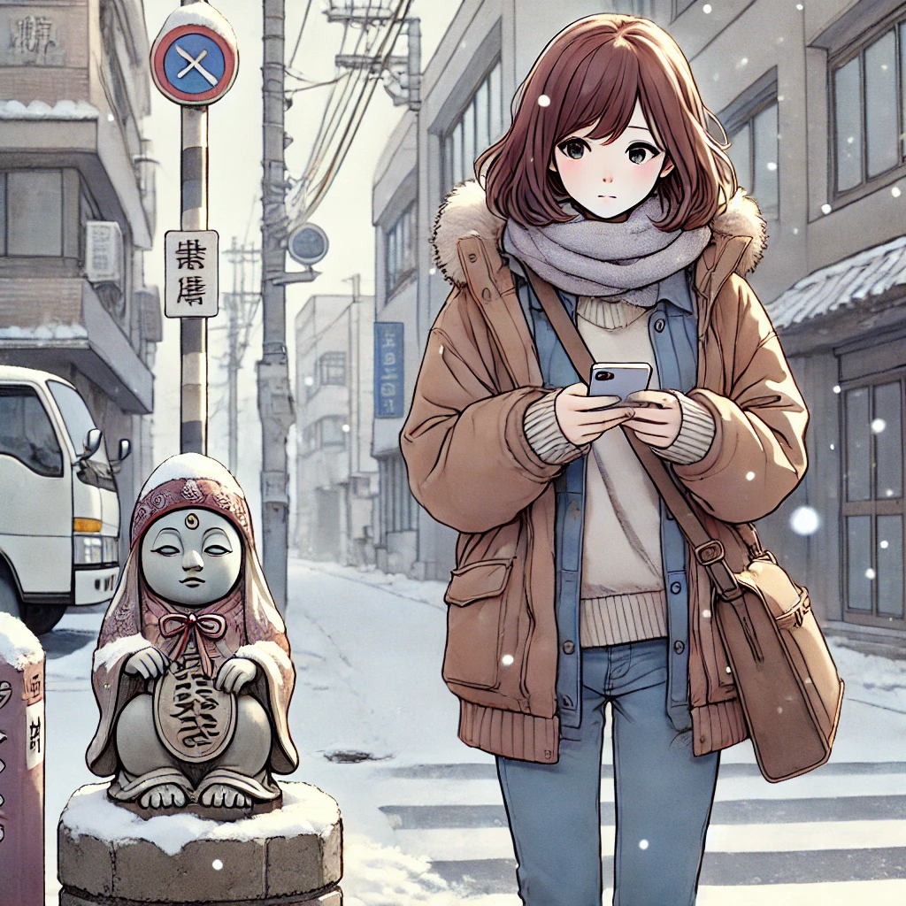 DALL·E-2024-10-22-02.20.43-A-young-woman-18-years-old-walking-through-a-snowy-urban-street-looking-at-her-smartphone-with-a-somewhat-lonely-expression.-She-is-wearing-casual- 傘地蔵＆傘地蔵SNS編冬の奇跡！女子大生綾香の話し。