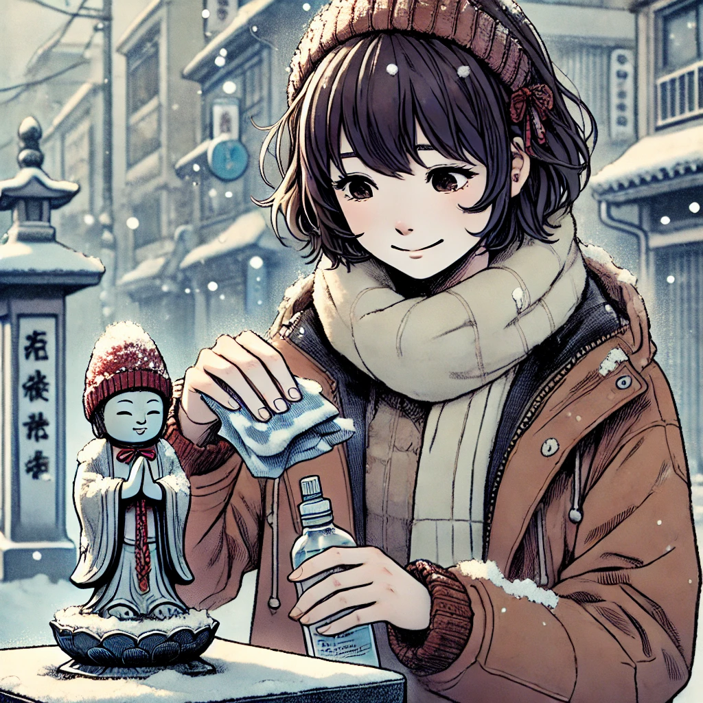 DALL·E-2024-10-22-02.20.51-The-same-young-woman-from-the-first-image-with-the-same-hairstyle-facial-features-and-winter-clothing-carefully-wiping-a-small-Jizo-statue-with-a- 傘地蔵＆傘地蔵SNS編冬の奇跡！女子大生綾香の話し。