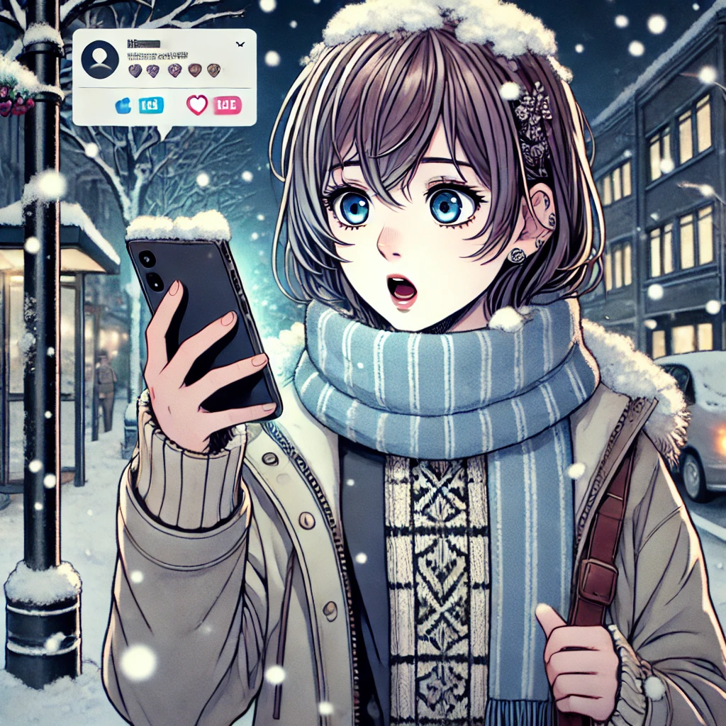 DALL·E-2024-10-22-02.23.24-The-same-young-woman-from-the-previous-chapters-with-the-same-hairstyle-facial-features-and-winter-clothing-looking-at-her-smartphone-with-surpris 傘地蔵＆傘地蔵SNS編冬の奇跡！女子大生綾香の話し。