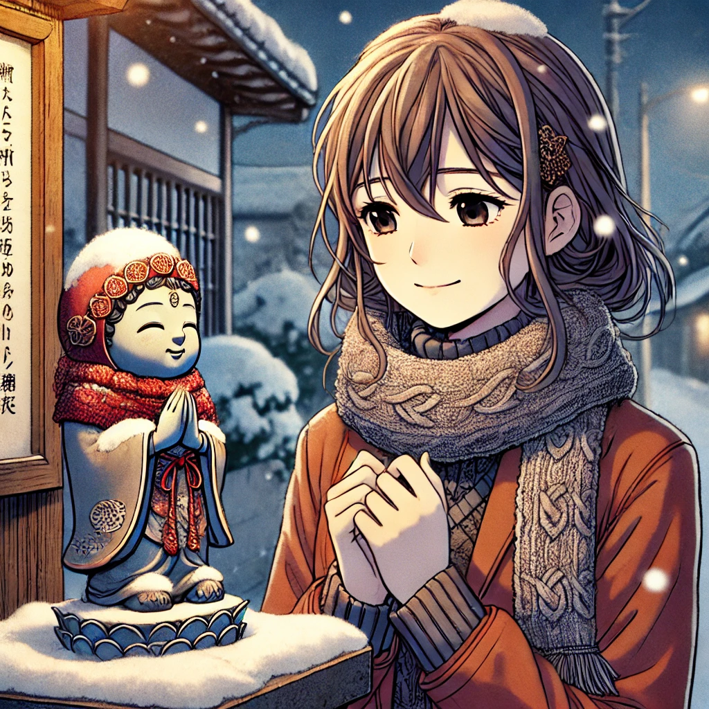 DALL·E-2024-10-22-02.24.21-The-same-young-woman-from-the-previous-chapters-with-the-same-hairstyle-facial-features-and-winter-clothing-standing-in-front-of-a-small-Jizo-stat 傘地蔵＆傘地蔵SNS編冬の奇跡！女子大生綾香の話し。