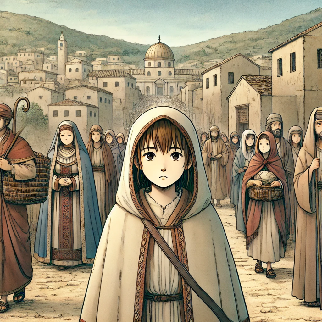 DALL·E-2024-10-23-00.24.37-The-same-young-shepherd-girl-Maria-from-the-previous-illustration-standing-among-a-group-of-people-heading-toward-Bethlehem.-She-looks-sad-and-empty- クリスマスローズの起源、ヨーロッパに語り継がれる少女の涙が起こす奇跡