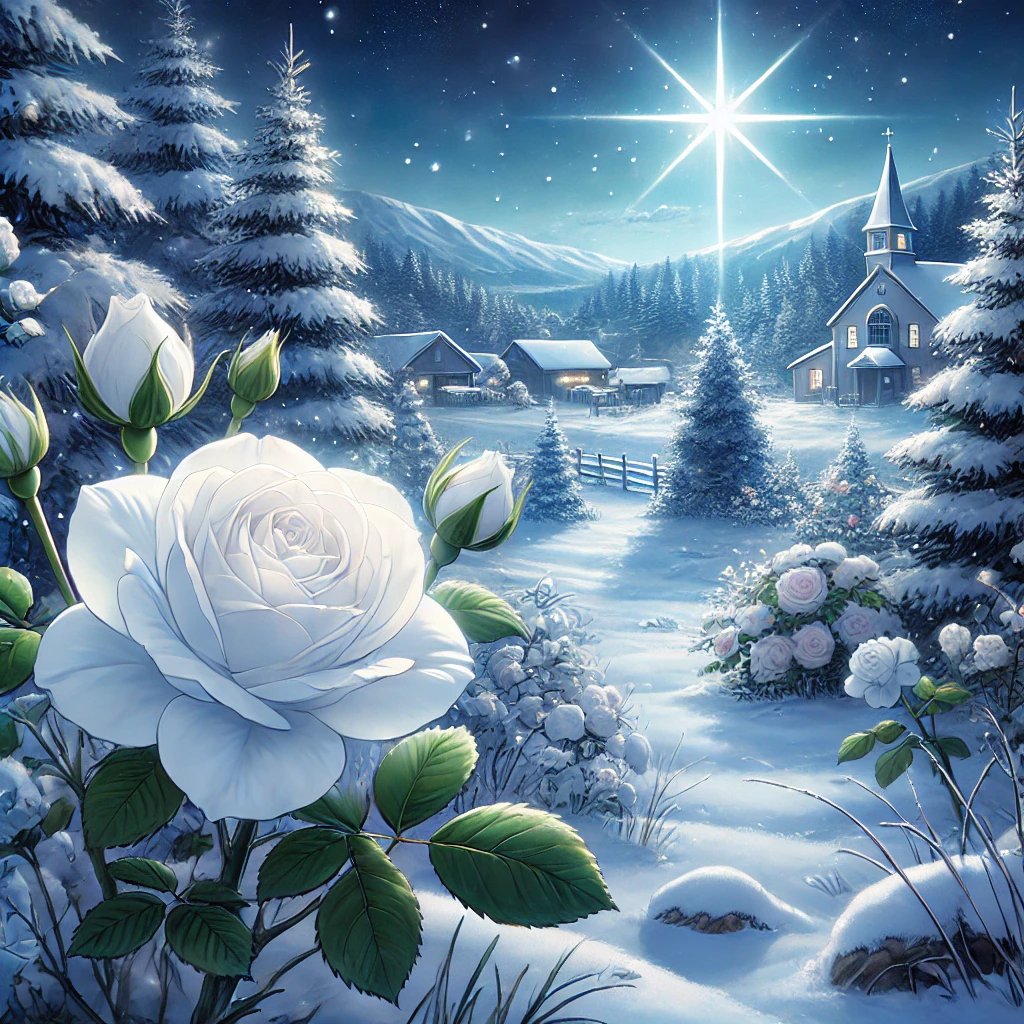 DALL·E-2024-10-23-00.26.29-A-beautiful-snowy-scene-where-the-white-Christmas-rose-blooms-in-the-winter-landscape.-The-rose-stands-out-against-the-cold-snowy-ground-and-the-atm クリスマスローズの起源、ヨーロッパに語り継がれる少女の涙が起こす奇跡