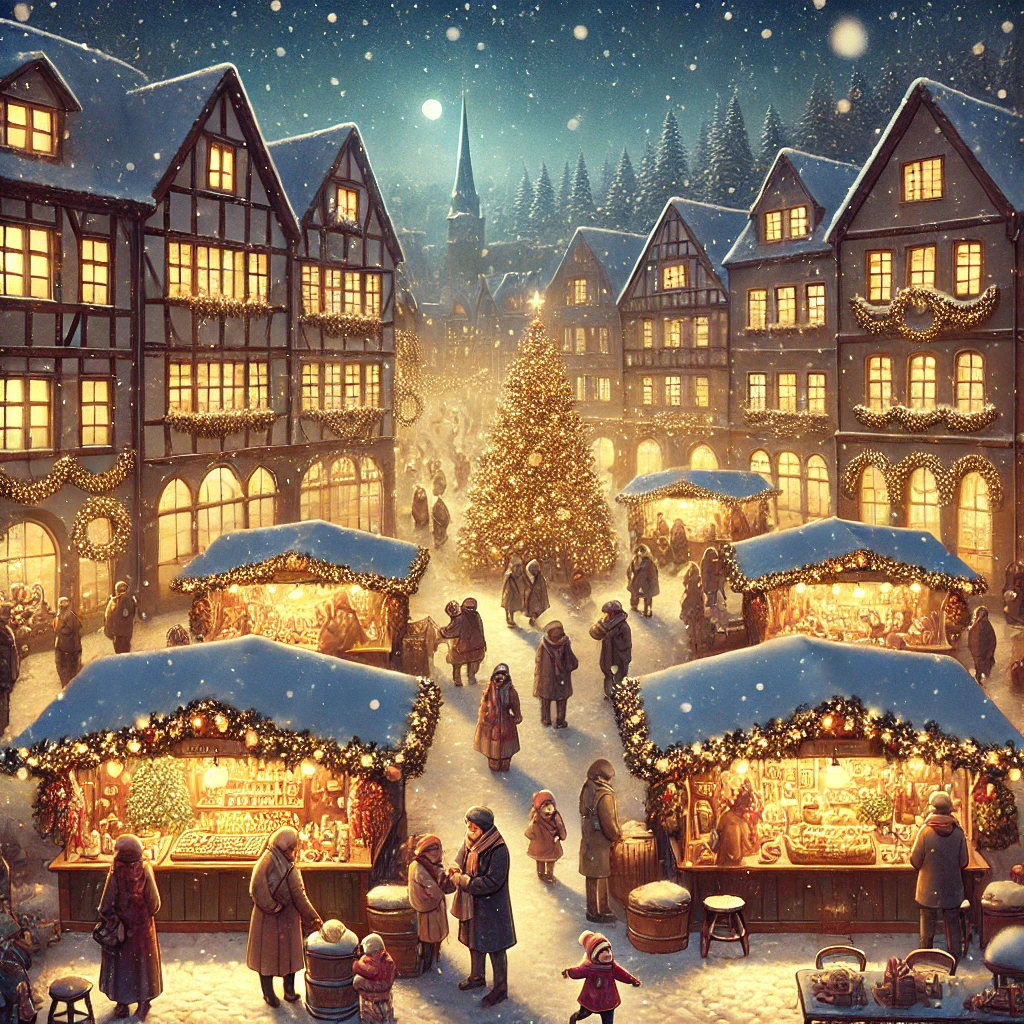 DALL·E-2024-10-23-21.16.51-A-beautiful-Christmas-market-scene-in-a-snowy-European-town-at-night.-The-market-is-lit-with-warm-golden-lights-and-families-are-shopping-for-Christm クリストキント-ヨーロッパの国々で知られるプレゼントを配る天使