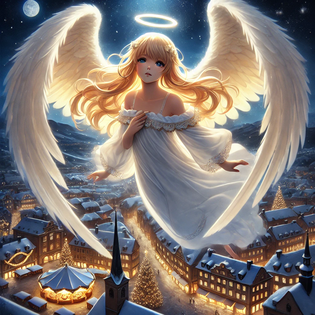 DALL·E-2024-10-23-21.17.35-A-glowing-angelic-figure-of-Christkind-descending-gently-from-the-night-sky-over-a-peaceful-European-town.-Christkind-has-flowing-golden-hair-a-whi クリストキント-ヨーロッパの国々で知られるプレゼントを配る天使