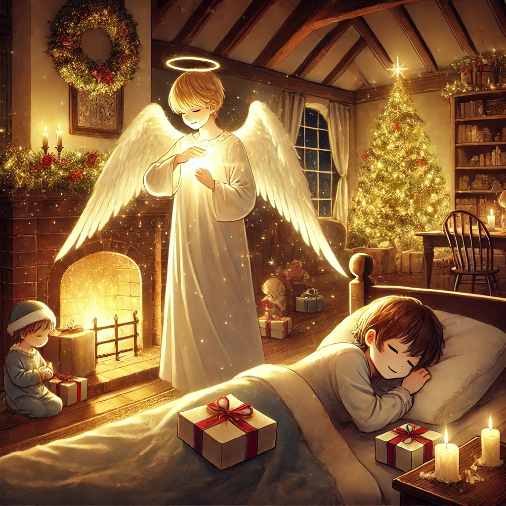 DALL·E-2024-10-23-21.18.13-The-same-angelic-figure-of-Christkind-from-the-previous-illustration-gently-entering-a-quiet-home-on-Christmas-Eve.-The-room-is-warmly-lit-by-a-firep クリストキント-ヨーロッパの国々で知られるプレゼントを配る天使