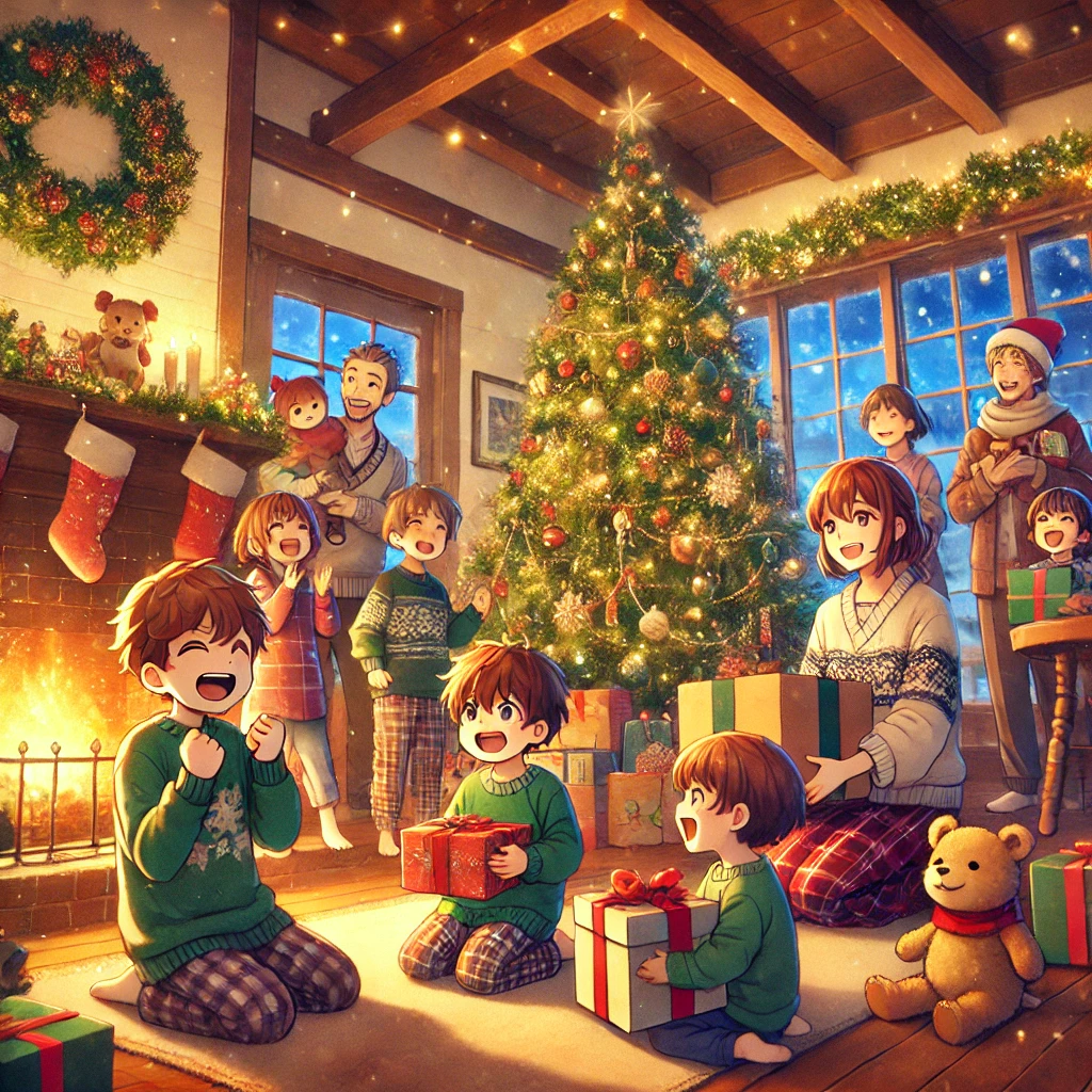 DALL·E-2024-10-23-21.18.35-A-warm-and-joyful-Christmas-morning-scene-inside-a-cozy-home.-Children-are-excitedly-opening-their-presents-with-wide-smiles-and-laughter-filling-the クリストキント-ヨーロッパの国々で知られるプレゼントを配る天使