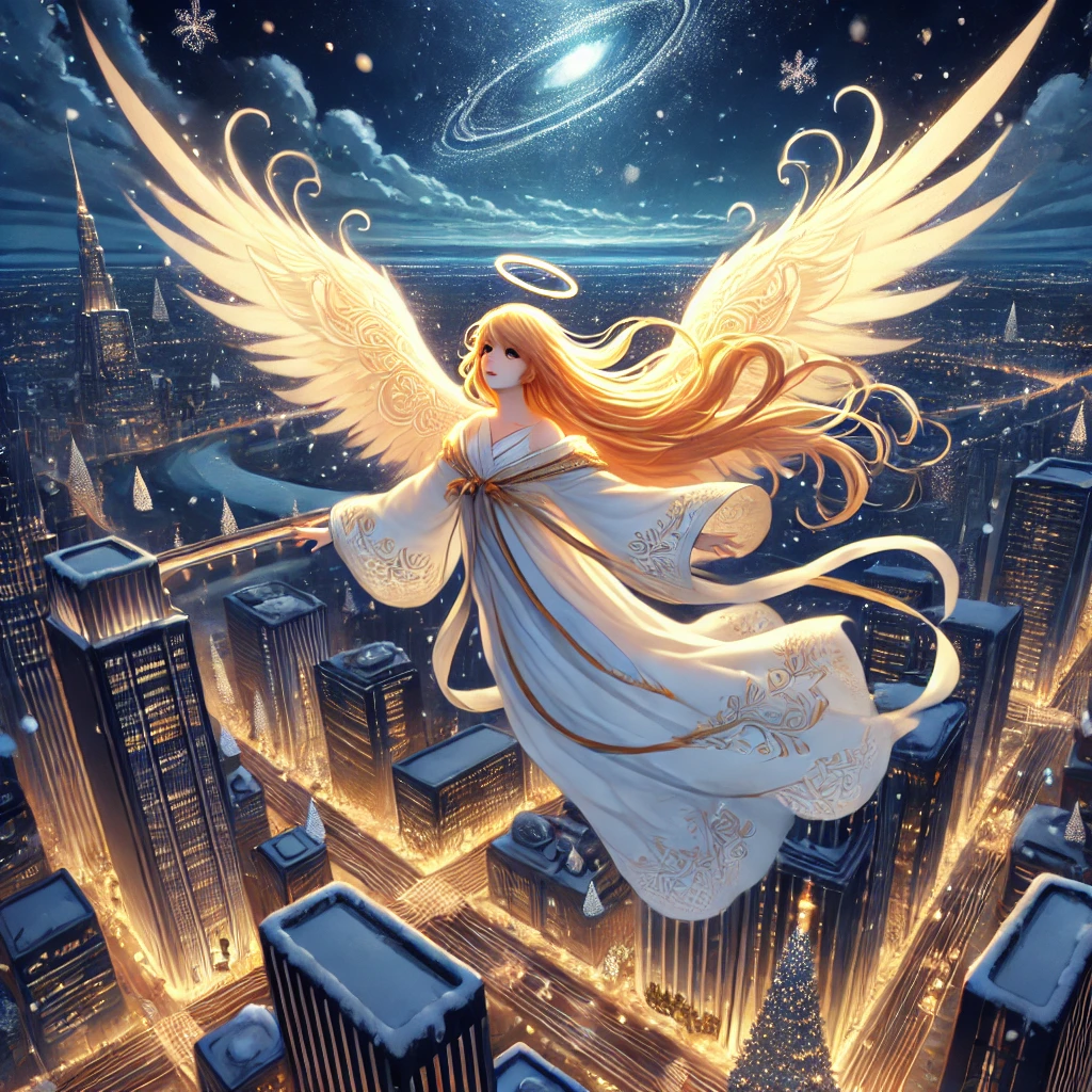 DALL·E-2024-10-23-21.43.15-A-modern-depiction-of-Christkind-flying-gracefully-through-the-night-sky-over-a-city.-Christkind-is-glowing-with-a-soft-divine-light-wearing-a-flowi クリストキント-ヨーロッパの国々で知られるプレゼントを配る天使