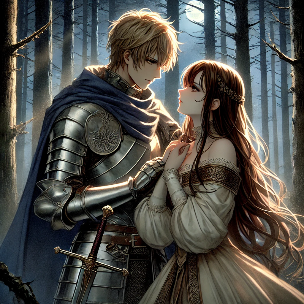 DALL·E-2024-10-25-21.01.06-Tristan-and-Isolde-meeting-secretly-in-a-forest-away-from-the-eyes-of-King-Mark.-Tristan-in-his-armor-and-cape-holds-Isolde-close-while-she-in-he 『トリスタンとイゾルデ』— 禁断の愛が織りなす物語