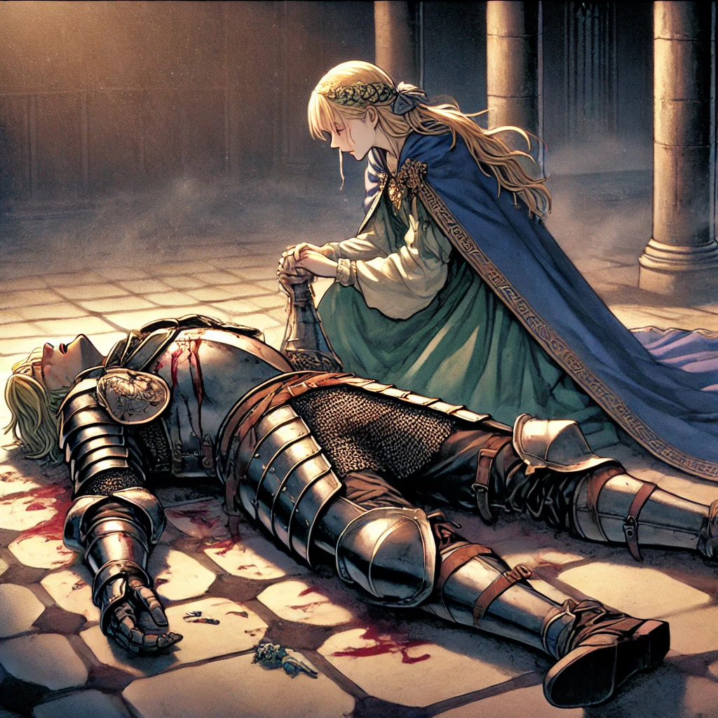 DALL·E-2024-10-25-21.01.24-Tristan-lying-on-the-ground-gravely-wounded-in-the-final-moments-of-his-life.-He-is-wearing-his-armor-and-cape-but-his-strength-is-fading.-Isolde- 『トリスタンとイゾルデ』— 禁断の愛が織りなす物語