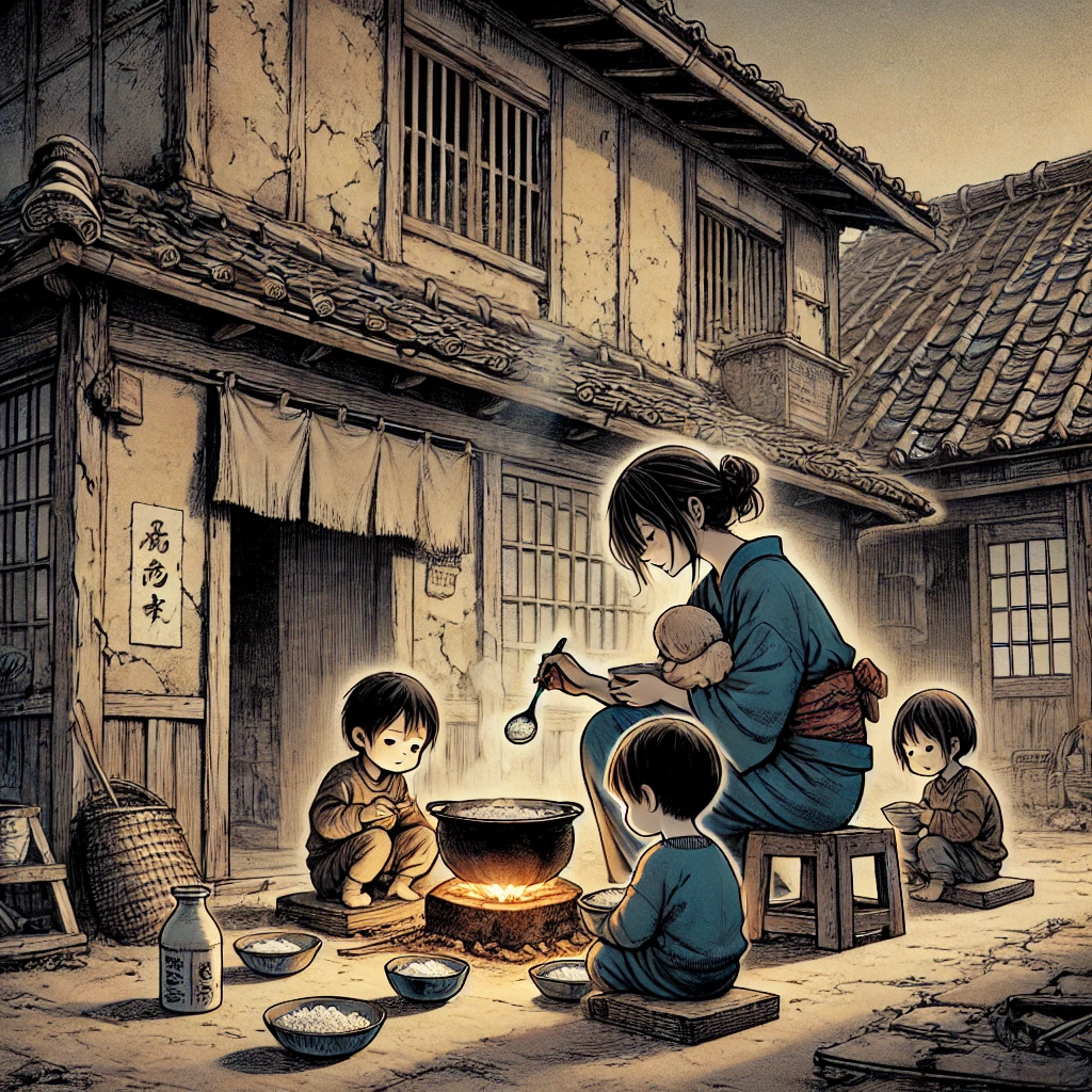 DALL·E-2024-10-26-21.00.37-A-Japanese-anime-style-illustration-depicting-a-poor-family-living-in-an-old-worn-down-traditional-Japanese-house.-The-setting-is-dim-and-quiet-with 貧乏神と福の神