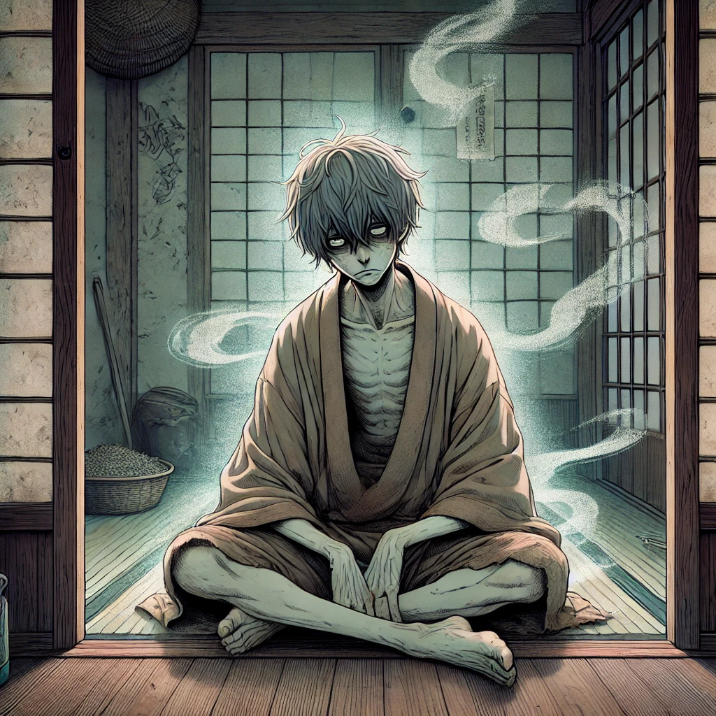 DALL·E-2024-10-26-21.00.49-A-Japanese-anime-style-illustration-depicting-the-Binbougami-or-poverty-god-sitting-hunched-in-the-corner-of-a-dimly-lit-traditional-Japanese-house 貧乏神と福の神