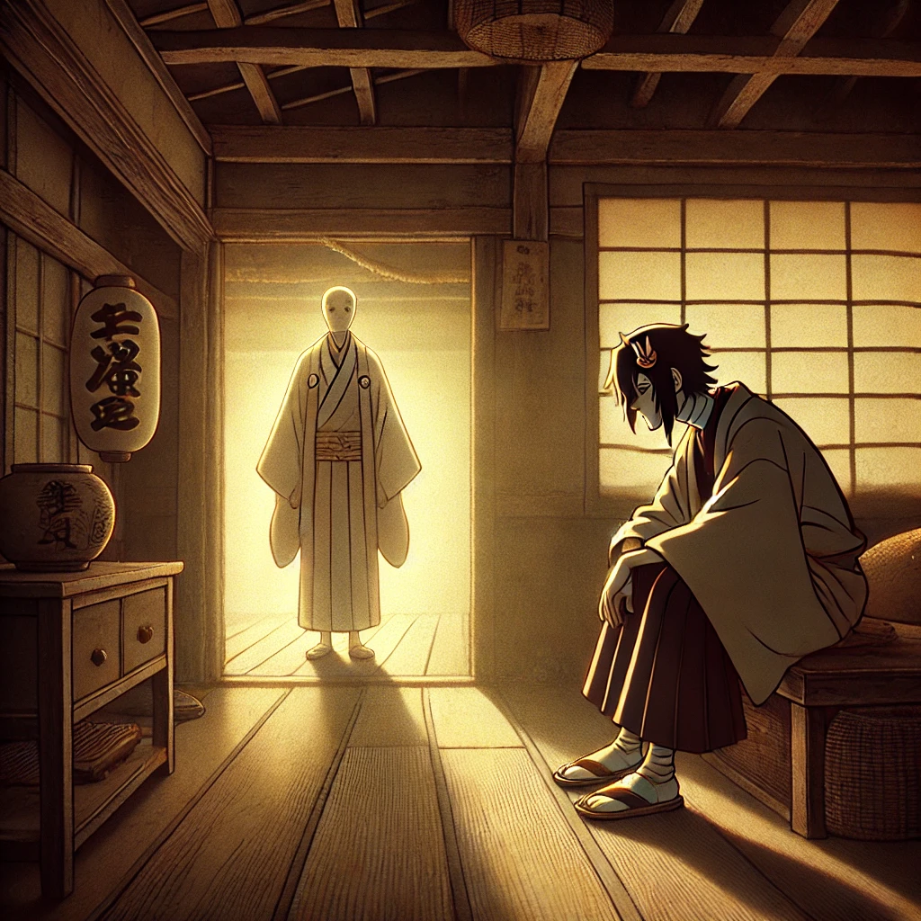 DALL·E-2024-10-26-21.11.11-A-Japanese-anime-style-illustration-inside-a-dimly-lit-old-and-worn-down-traditional-Japanese-house.-Binbougami-the-poverty-god-with-his-establish 貧乏神と福の神