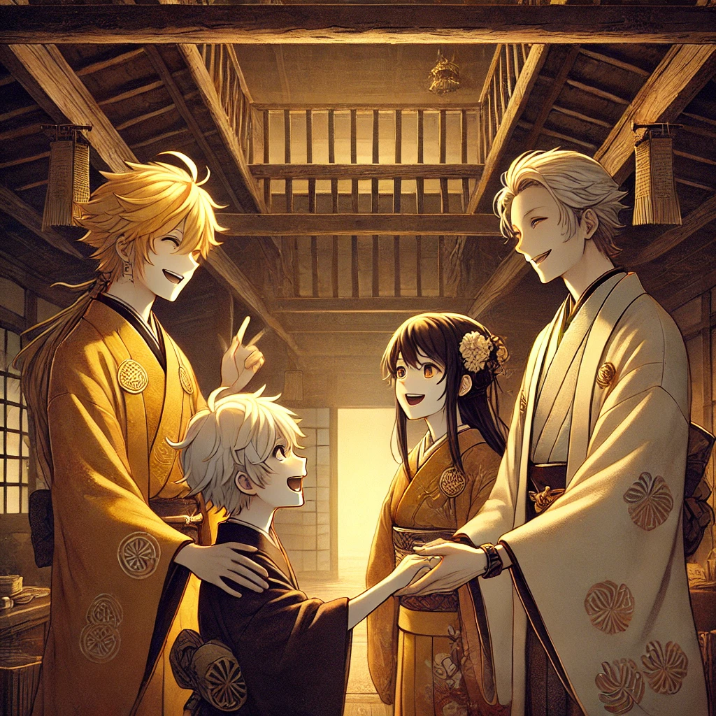 DALL·E-2024-10-26-21.21.54-A-Japanese-anime-style-illustration-inside-a-dimly-lit-old-and-worn-down-traditional-Japanese-house.-A-family-smiles-warmly-as-they-speak-to-both-Fu 貧乏神と福の神