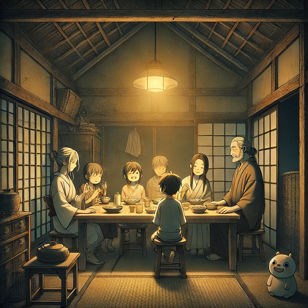 DALL·E-2024-10-26-21.23.11-A-Japanese-anime-style-illustration-inside-a-dimly-lit-old-and-worn-down-traditional-Japanese-house-at-night.-A-family-sits-around-their-modest-dinn 貧乏神と福の神