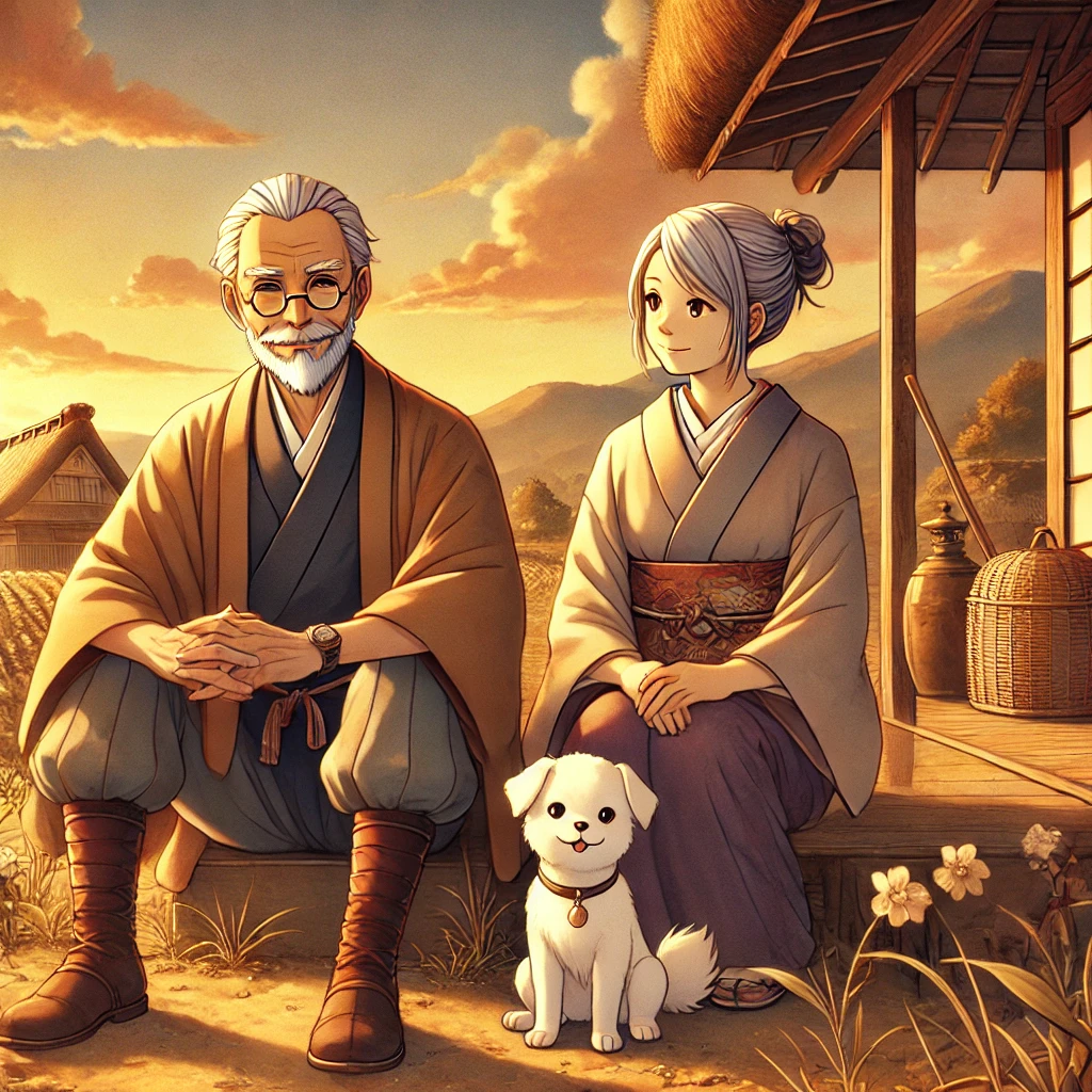 DALL·E-2024-10-27-01.11.09-A-Japanese-anime-style-illustration-depicting-a-warm-peaceful-scene-of-an-elderly-man-and-woman-in-a-small-traditional-Japanese-village-with-a-small 花咲か爺さん-強欲と利己主義の危険性を説く思いやりの話し