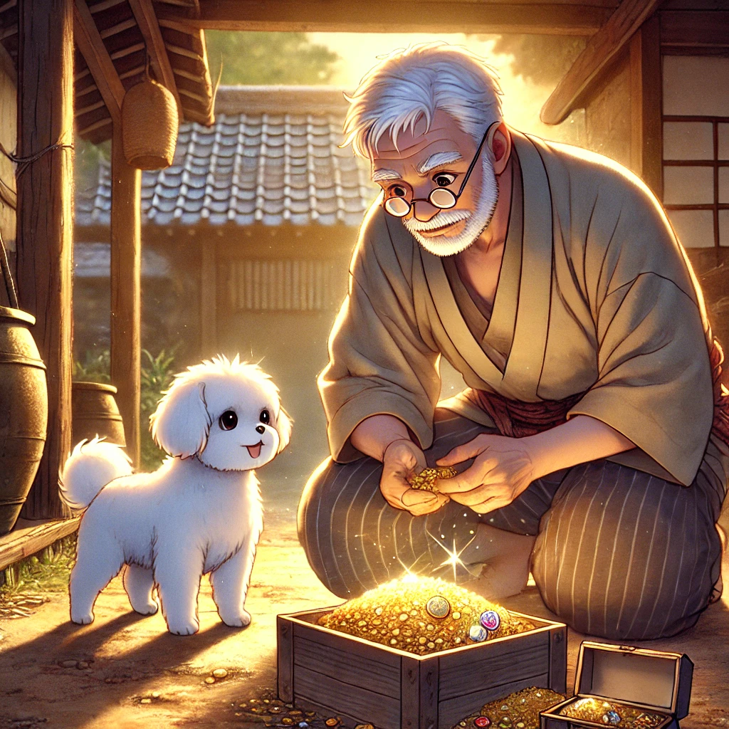 DALL·E-2024-10-27-01.13.04-A-Japanese-anime-style-illustration-showing-an-elderly-man-and-a-small-white-dog-in-a-traditional-rural-setting.-The-elderly-man-is-digging-in-the-gro 花咲か爺さん-強欲と利己主義の危険性を説く思いやりの話し