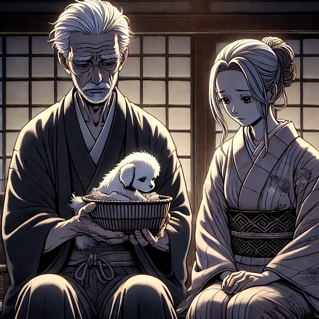 DALL·E-2024-10-27-01.15.23-A-Japanese-anime-style-illustration-depicting-a-somber-scene-inside-a-traditional-Japanese-house.-The-elderly-man-and-woman-are-sitting-together-hold 花咲か爺さん-強欲と利己主義の危険性を説く思いやりの話し