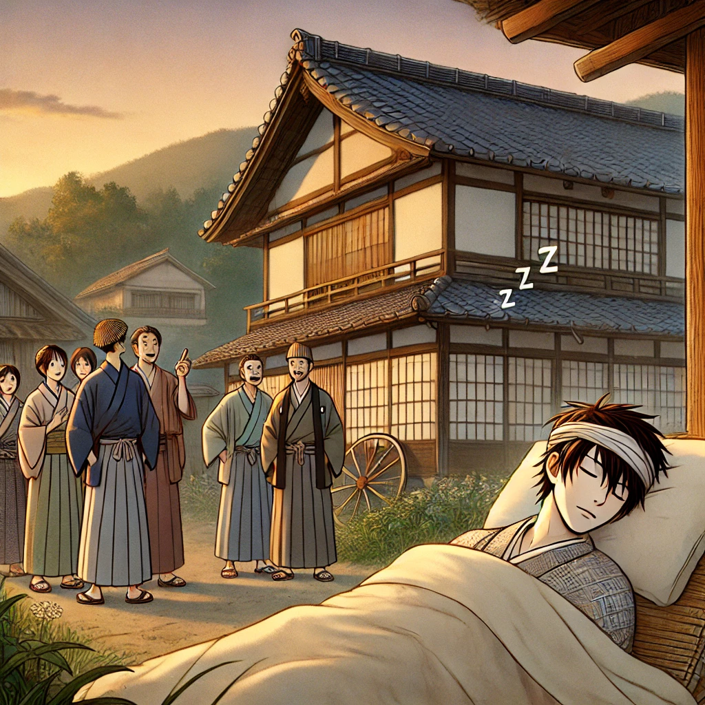 DALL·E-2024-10-27-09.43.29-A-traditional-Japanese-village-at-dawn-with-a-wooden-house-in-the-background.-In-the-house-a-young-man-named-Netaro-is-lying-peacefully-in-bed-wrap 三年寝太郎に見る！信頼は1日では失わない。ビジネスに必要なこと？