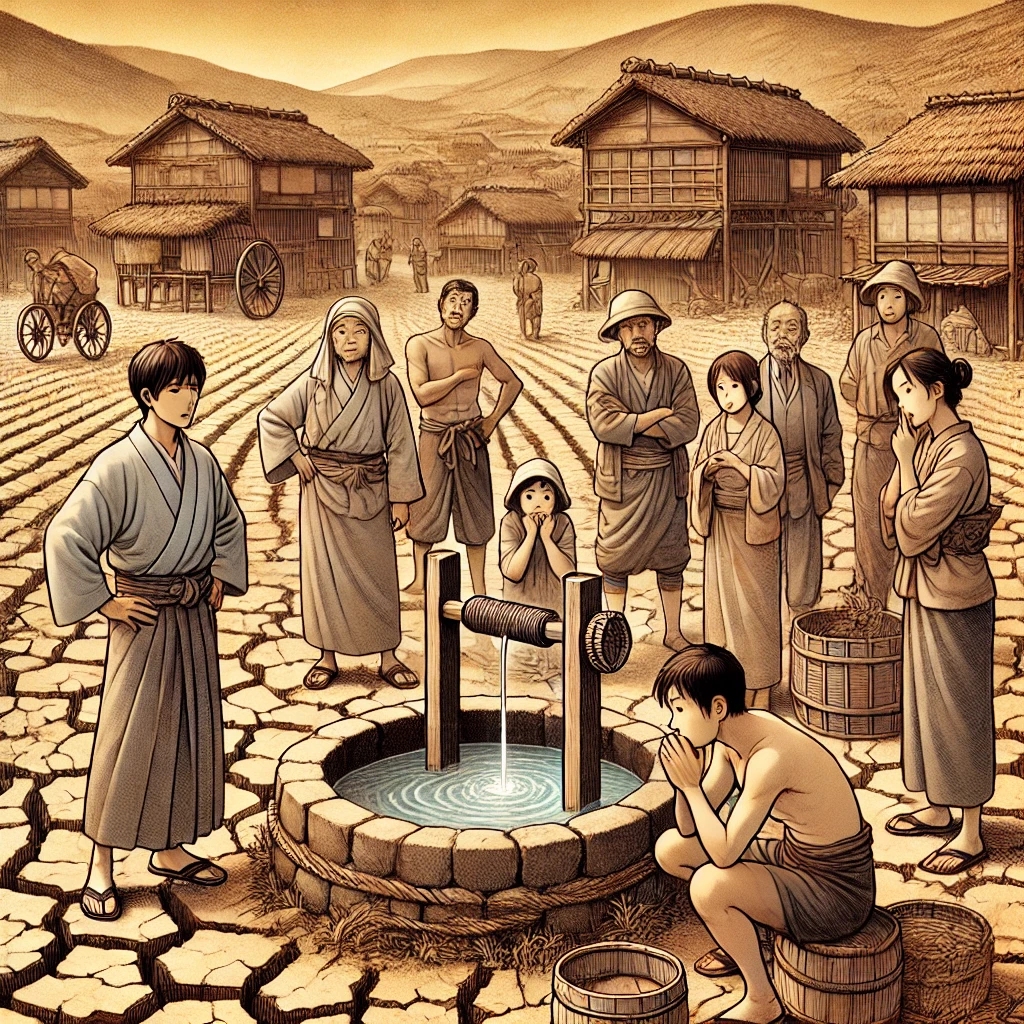 DALL·E-2024-10-27-09.44.13-A-traditional-Japanese-village-in-a-drought-with-dry-fields-and-a-parched-well.-Villagers-gather-with-worried-expressions-discussing-their-desperati 三年寝太郎に見る！信頼は1日では失わない。ビジネスに必要なこと？