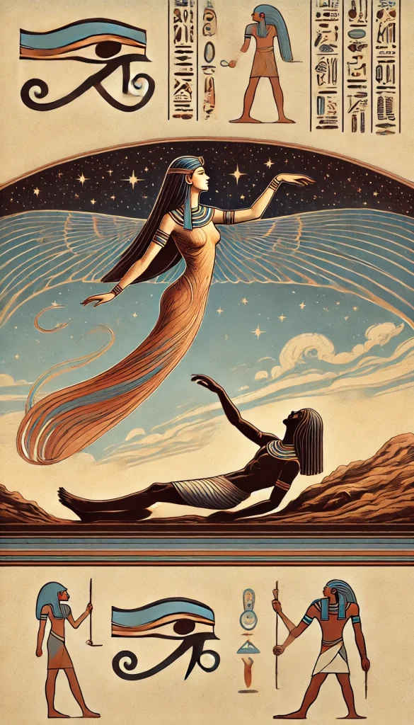 DALL·E-2024-10-28-21.17.33-Illustration-of-Nut-the-sky-goddess-from-Egyptian-mythology-arching-gracefully-over-the-earth-god-Geb.-Nuts-figure-is-stretched-across-the-sky-wit-585x1024 空を支える巨人と神々