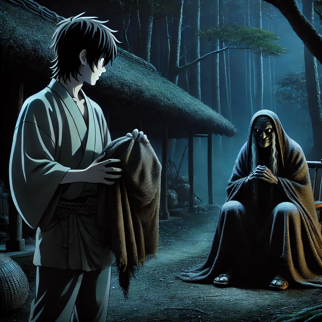 DALL·E-2024-10-29-03.46.56-A-dark-mysterious-forest-at-night-in-an-Edo-period-Japanese-village.-In-the-foreground-a-man-dressed-in-simple-worn-traditional-clothing-holds-an-o 八つ化け頭巾