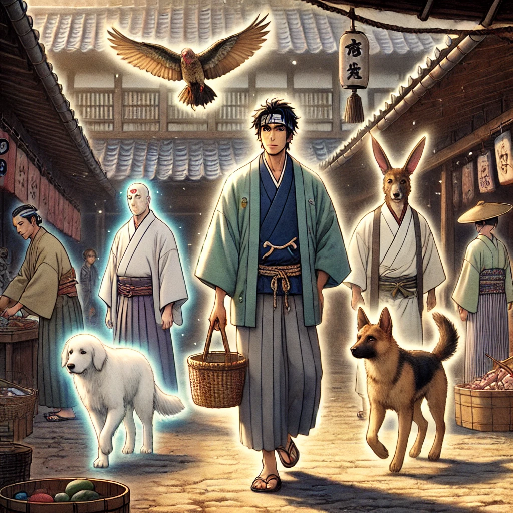 DALL·E-2024-10-29-03.51.12-In-a-traditional-Edo-period-Japanese-village-market-during-the-day-a-man-is-depicted-transforming-into-different-animals_-a-bird-a-dog-and-a-deer.- 八つ化け頭巾