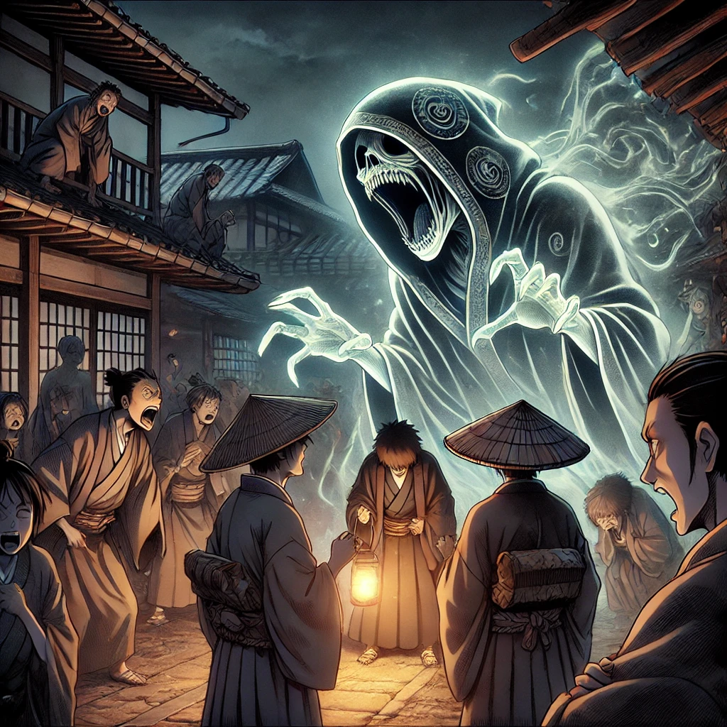 DALL·E-2024-10-29-03.54.34-In-an-Edo-period-Japanese-village-square-at-dusk-a-man-with-a-mystical-hood-appears-distressed-his-form-flickering-between-human-animal-and-eerie 八つ化け頭巾