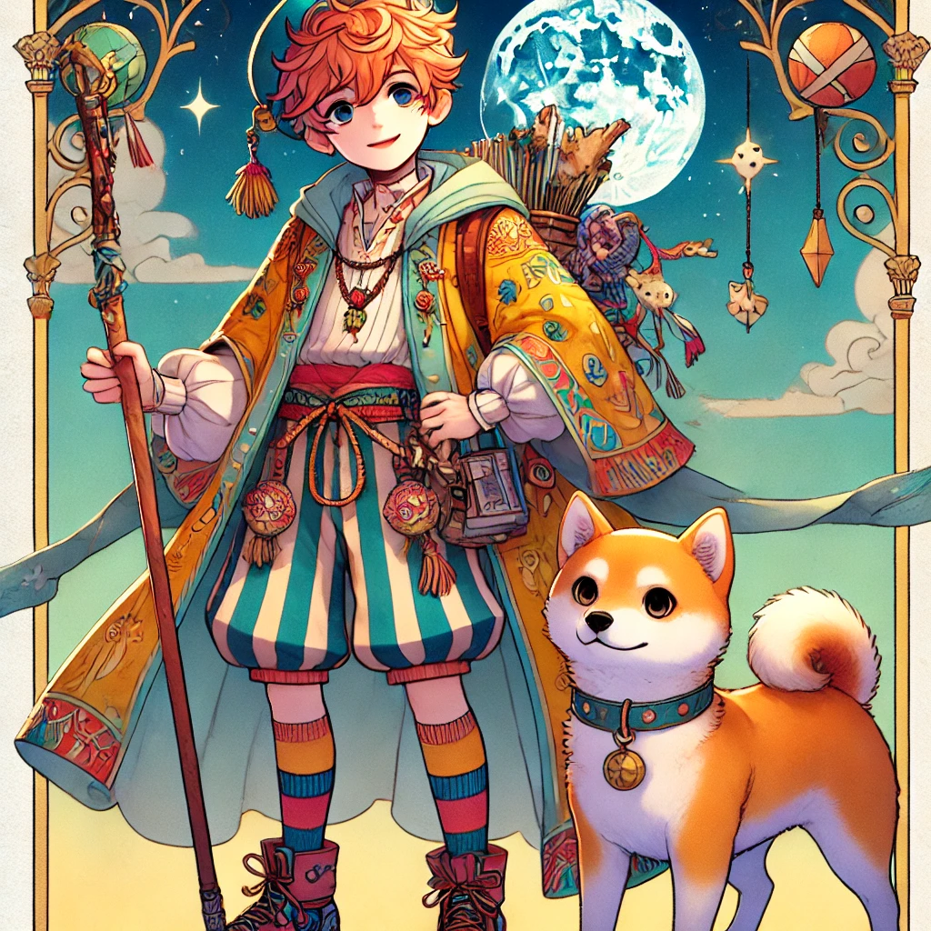 DALL·E-2024-10-29-20.46.18-A-full-body-illustration-of-The-Fool-tarot-card-character-in-a-Japanese-anime-style.-The-Fool-is-a-young-playful-human-figure-dressed-in-colorful- タロットの大アルカナ「愚者の旅」とは？人生の成長と自己発見の象徴タロットカードの世界WITH柴犬！