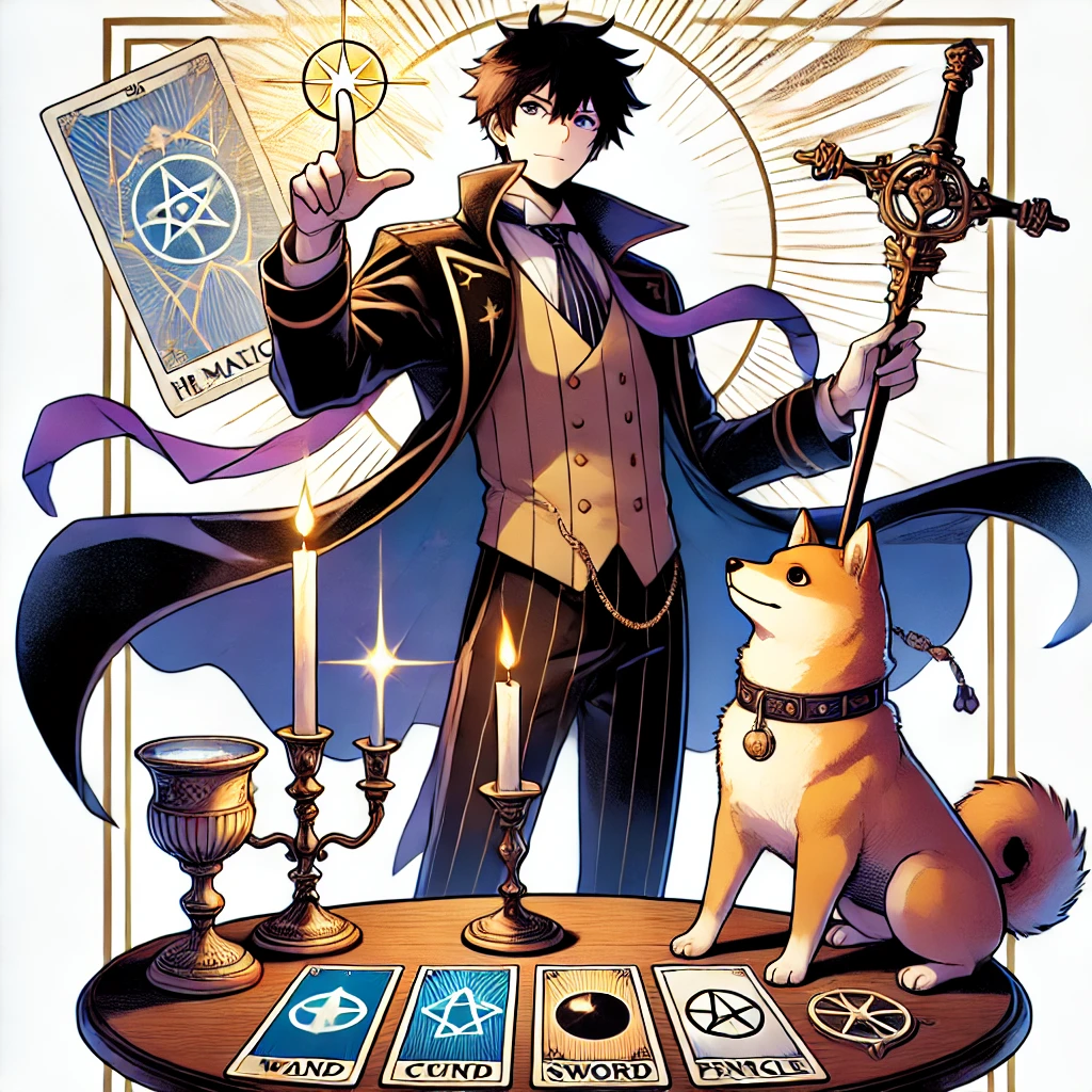 DALL·E-2024-10-29-20.46.20-A-full-body-illustration-of-The-Magician-tarot-card-character-in-a-Japanese-anime-style.-The-Magician-stands-confidently-with-one-hand-pointing-upwa タロットの大アルカナ「愚者の旅」とは？人生の成長と自己発見の象徴タロットカードの世界WITH柴犬！