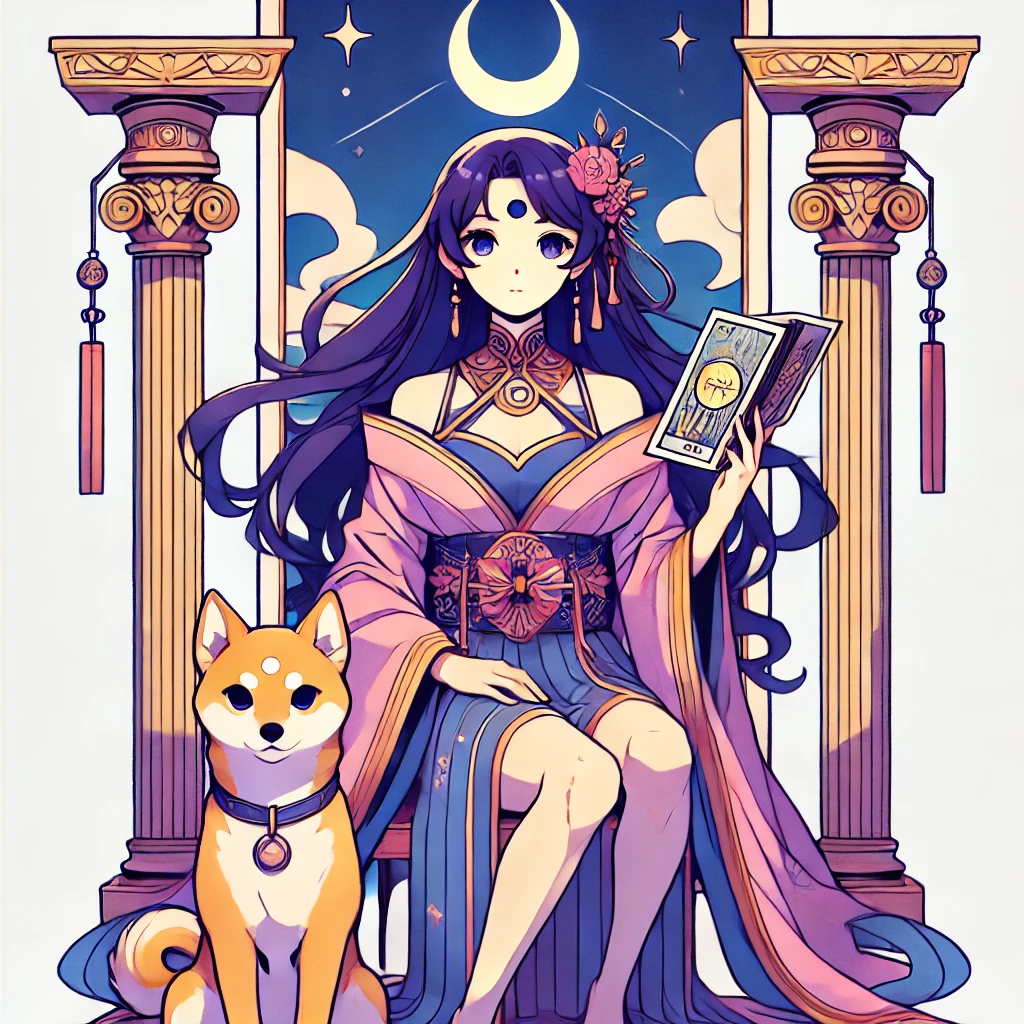 DALL·E-2024-10-29-20.46.22-A-full-body-illustration-of-The-High-Priestess-tarot-card-character-in-a-Japanese-anime-style.-The-High-Priestess-is-seated-calmly-holding-a-scroll タロットの大アルカナ「愚者の旅」とは？人生の成長と自己発見の象徴タロットカードの世界WITH柴犬！