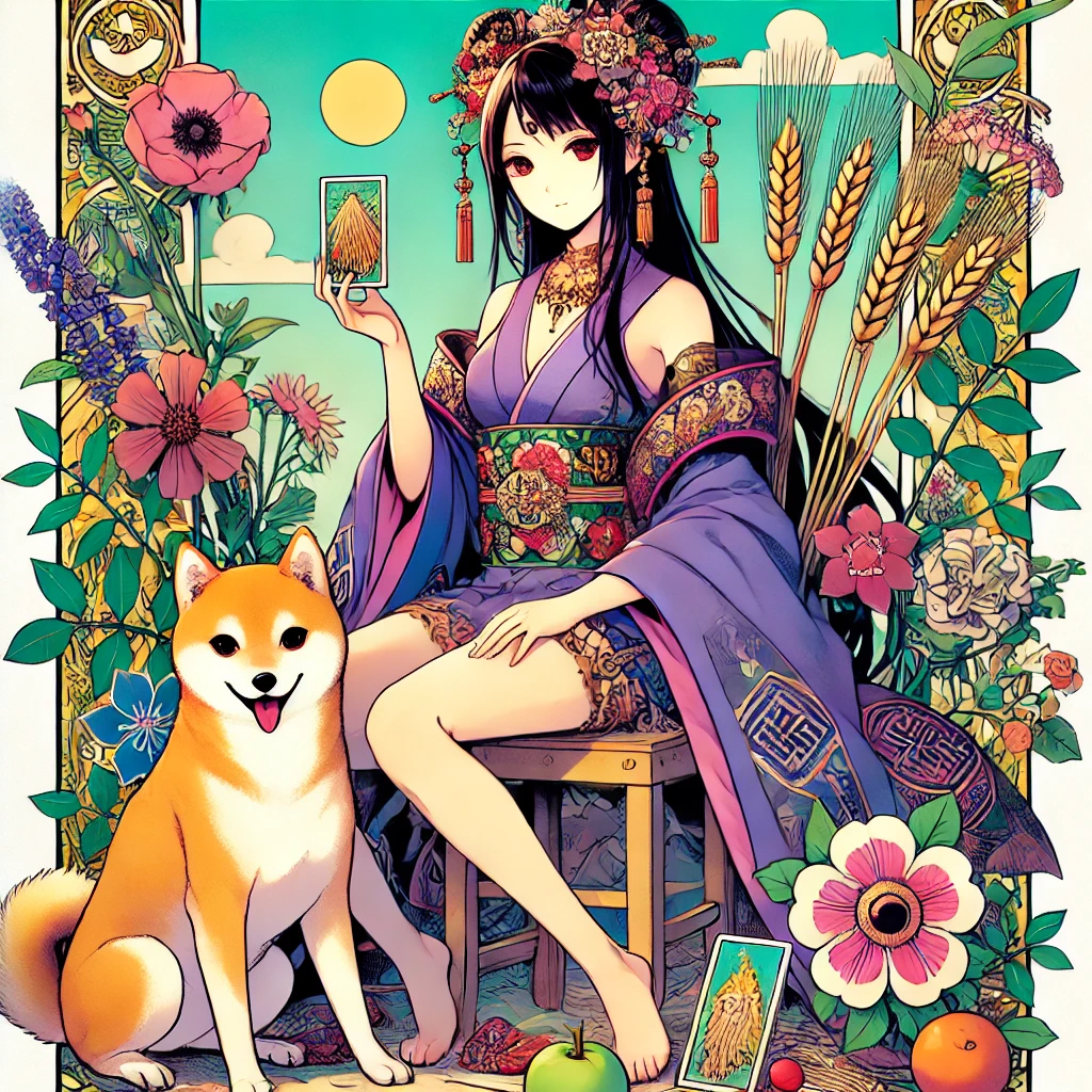 DALL·E-2024-10-29-20.46.24-A-full-body-illustration-of-The-Empress-tarot-card-character-in-a-Japanese-anime-style.-The-Empress-is-seated-comfortably-in-a-lush-setting-surroun タロットの大アルカナ「愚者の旅」とは？人生の成長と自己発見の象徴タロットカードの世界WITH柴犬！