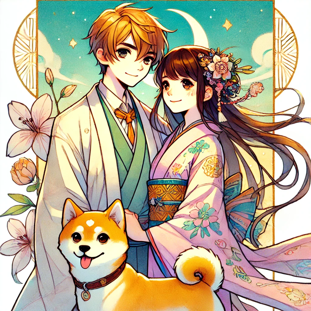 DALL·E-2024-10-29-20.47.41-A-full-body-illustration-of-The-Lovers-tarot-card-characters-in-a-Japanese-anime-style.-A-harmonious-couple-stands-close-together-symbolizing-unity タロットの大アルカナ「愚者の旅」とは？人生の成長と自己発見の象徴タロットカードの世界WITH柴犬！