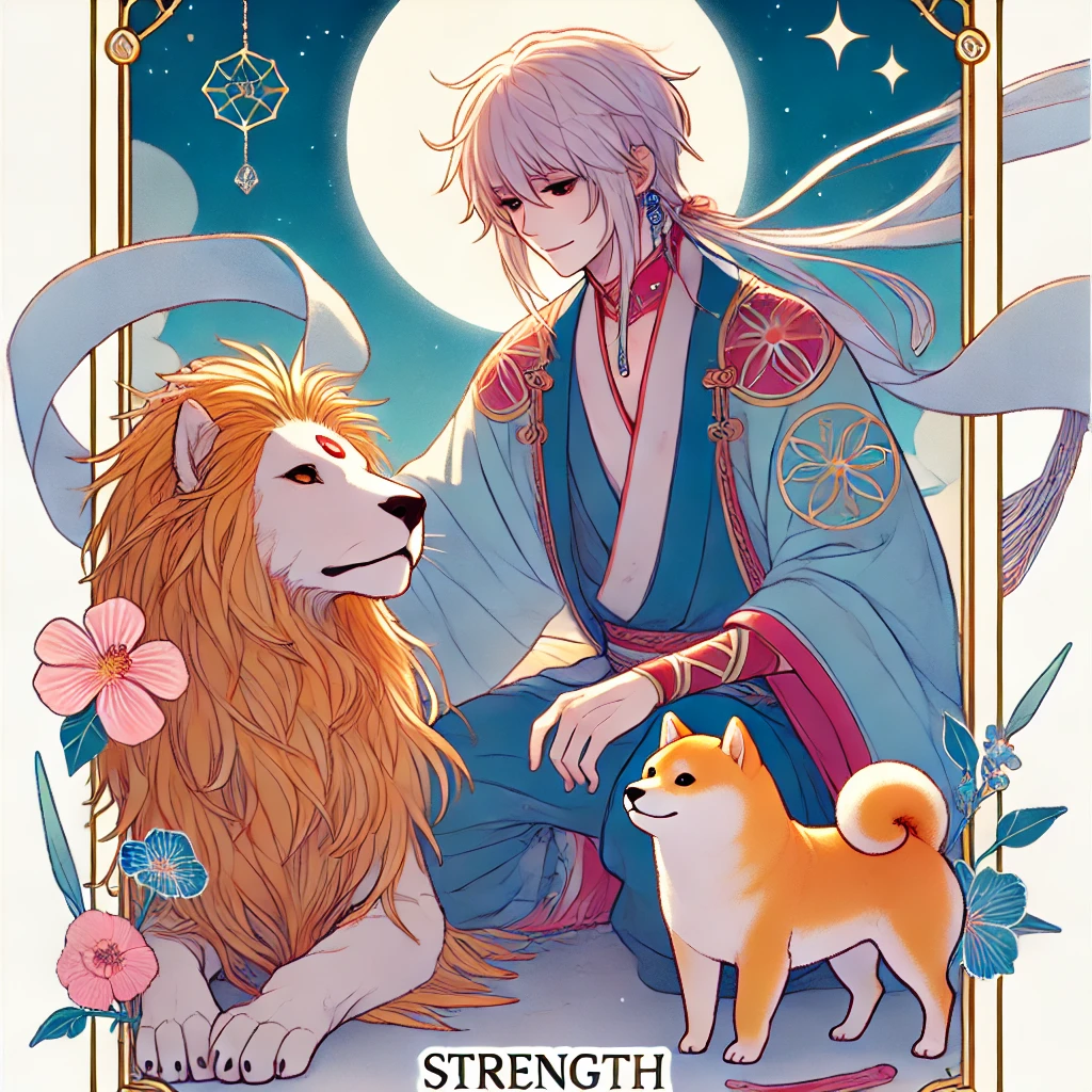 DALL·E-2024-10-29-21.02.23-A-full-body-illustration-of-Strength-tarot-card-character-in-a-Japanese-anime-style-matching-the-vibrant-and-whimsical-tone-of-previous-cards.-The- タロットの大アルカナ「愚者の旅」とは？人生の成長と自己発見の象徴タロットカードの世界WITH柴犬！