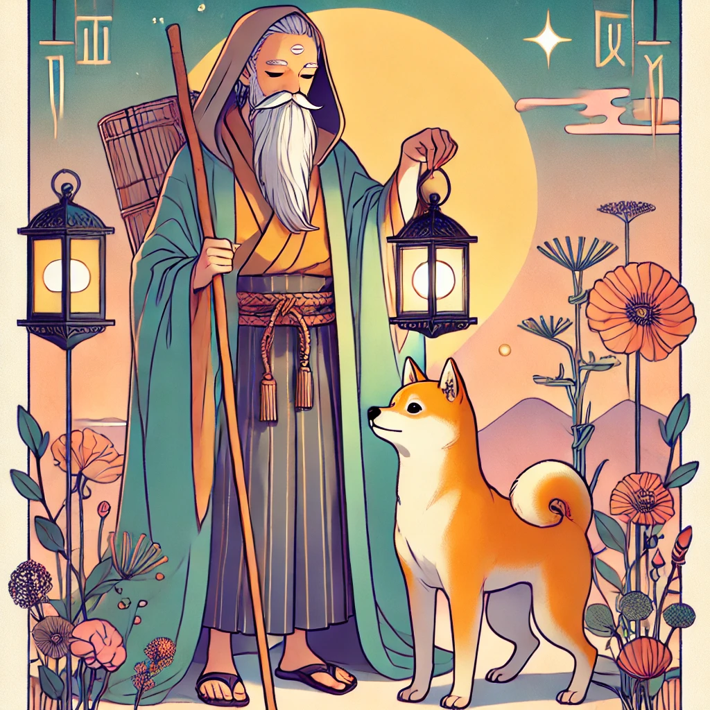 DALL·E-2024-10-29-21.02.54-A-full-body-illustration-of-The-Hermit-tarot-card-character-in-a-Japanese-anime-style-matching-the-vibrant-and-whimsical-tone-of-previous-cards.-Th-2 タロットの大アルカナ「愚者の旅」とは？人生の成長と自己発見の象徴タロットカードの世界WITH柴犬！