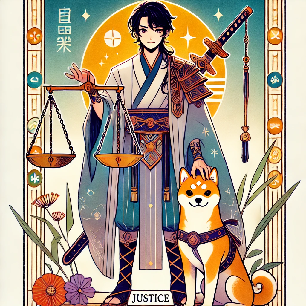 DALL·E-2024-10-29-21.07.55-A-full-body-illustration-of-Justice-tarot-card-character-in-a-Japanese-anime-style-matching-the-vibrant-and-whimsical-tone-of-previous-cards.-The-J タロットの大アルカナ「愚者の旅」とは？人生の成長と自己発見の象徴タロットカードの世界WITH柴犬！