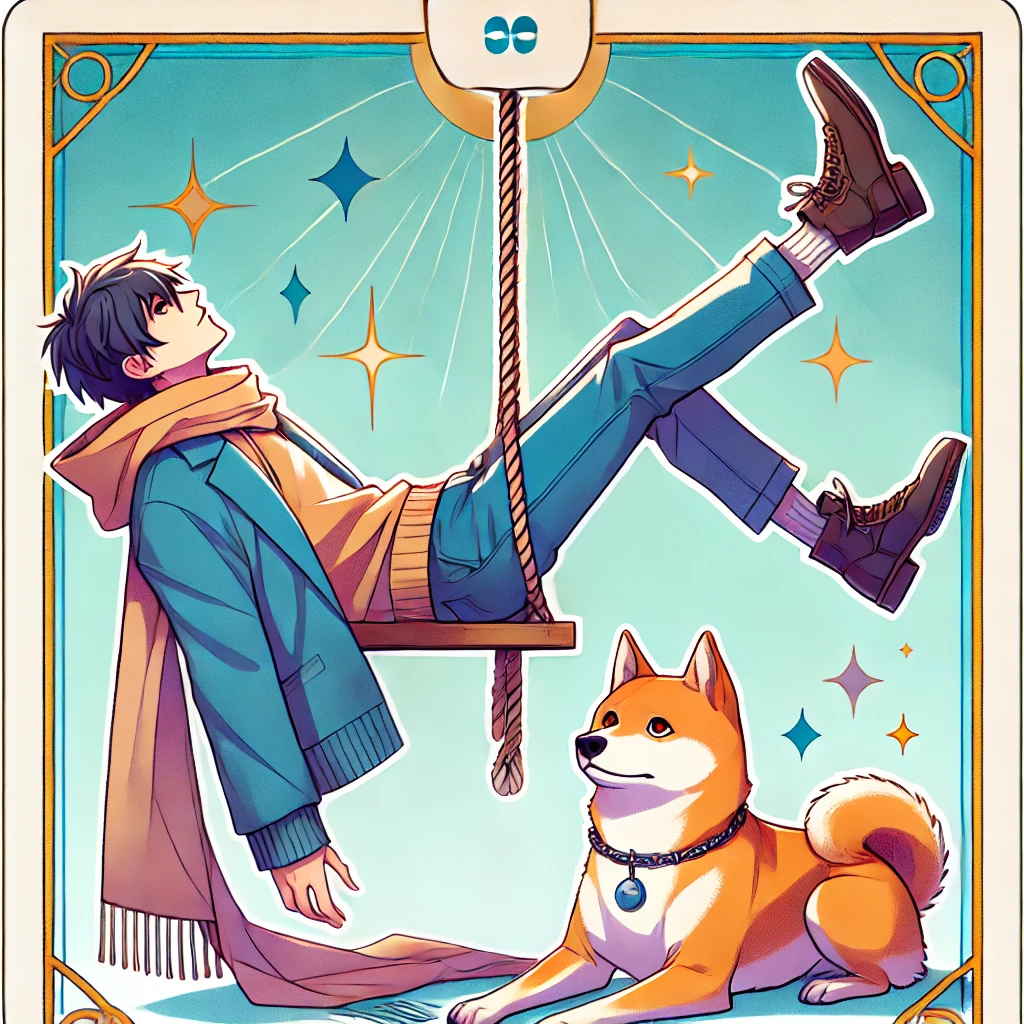 DALL·E-2024-10-29-23.04.46-A-full-body-illustration-of-The-Hanged-Man-tarot-card-character-in-a-Japanese-anime-style-matching-the-vibrant-and-whimsical-tone-of-previous-cards タロットの大アルカナ「愚者の旅」とは？人生の成長と自己発見の象徴タロットカードの世界WITH柴犬！