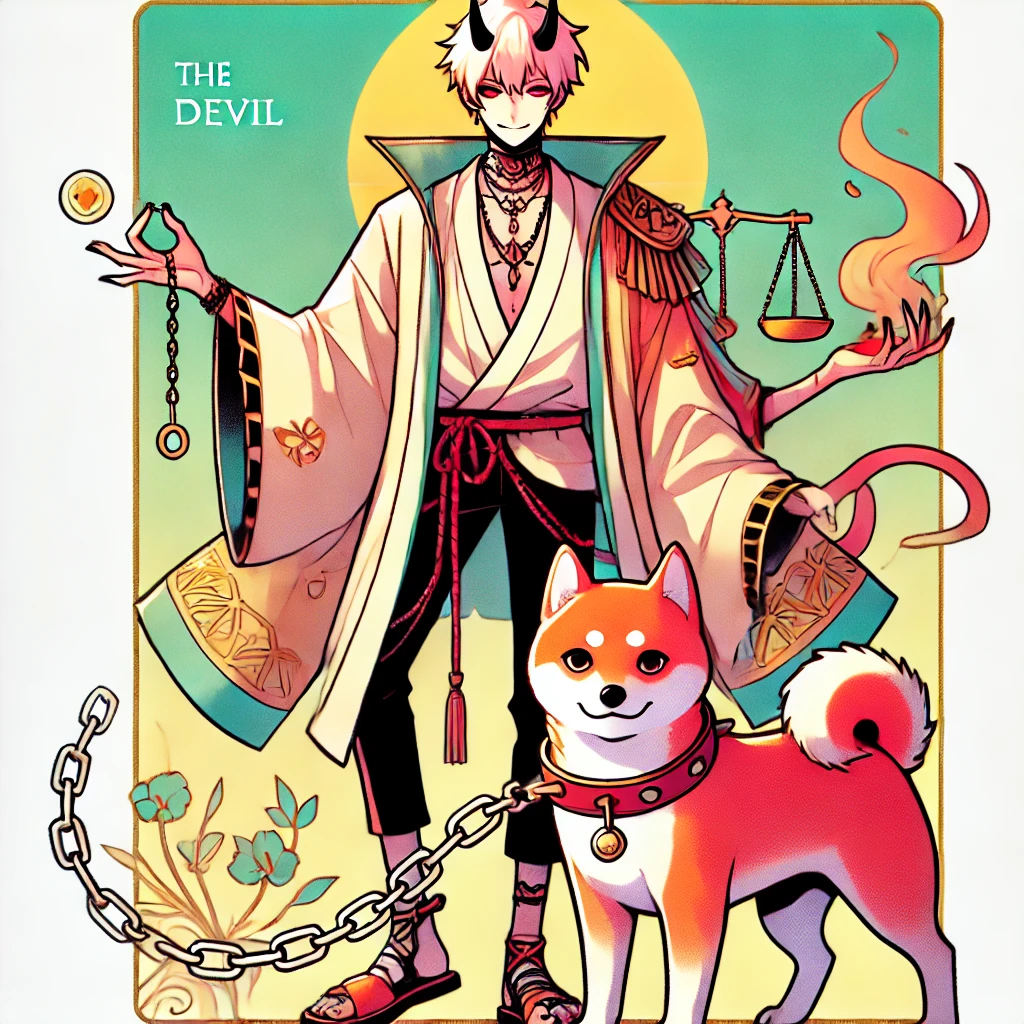 DALL·E-2024-10-29-23.11.16-A-full-body-illustration-of-The-Devil-tarot-card-character-in-a-Japanese-anime-style-matching-the-vibrant-and-whimsical-tone-of-previous-cards.-The タロットの大アルカナ「愚者の旅」とは？人生の成長と自己発見の象徴タロットカードの世界WITH柴犬！