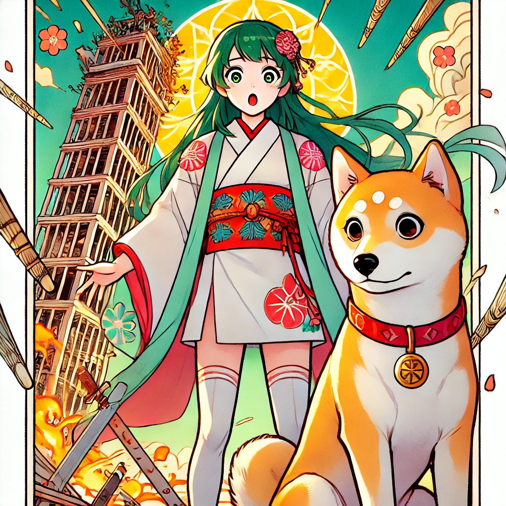 DALL·E-2024-10-29-23.12.31-A-full-body-illustration-of-The-Tower-tarot-card-character-in-a-Japanese-anime-style-matching-the-vibrant-and-whimsical-tone-of-previous-cards.-The タロットの大アルカナ「愚者の旅」とは？人生の成長と自己発見の象徴タロットカードの世界WITH柴犬！