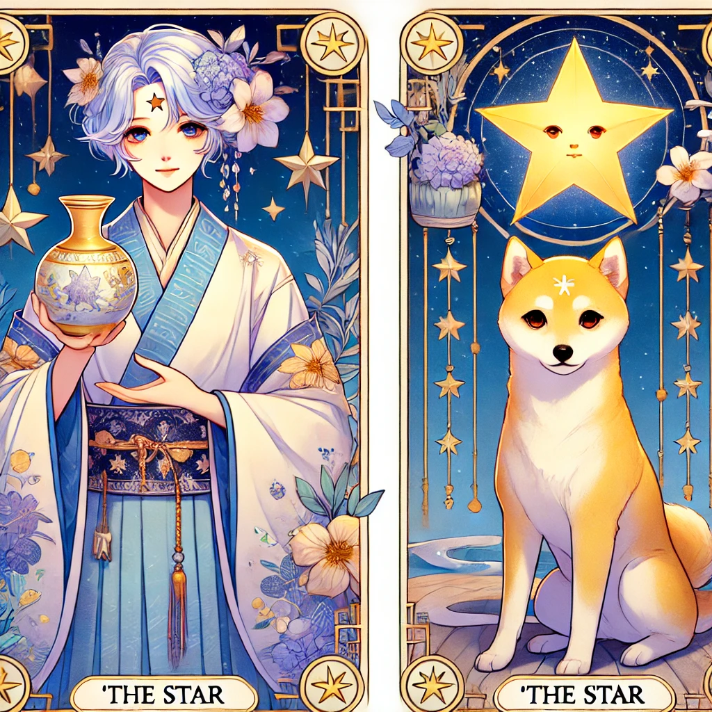 DALL·E-2024-10-29-23.14.14-A-full-body-illustration-of-The-Star-tarot-card-character-in-a-Japanese-anime-style-matching-the-vibrant-and-whimsical-tone-of-previous-cards.-The- タロットの大アルカナ「愚者の旅」とは？人生の成長と自己発見の象徴タロットカードの世界WITH柴犬！