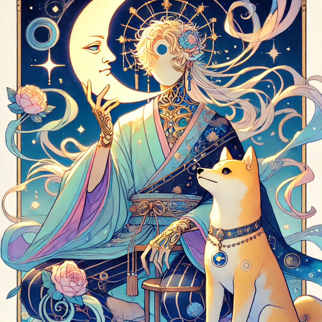 DALL·E-2024-10-29-23.15.28-A-full-body-illustration-of-The-Moon-tarot-card-character-in-a-Japanese-anime-style-matching-the-vibrant-and-whimsical-tone-of-previous-cards.-The- タロットの大アルカナ「愚者の旅」とは？人生の成長と自己発見の象徴タロットカードの世界WITH柴犬！