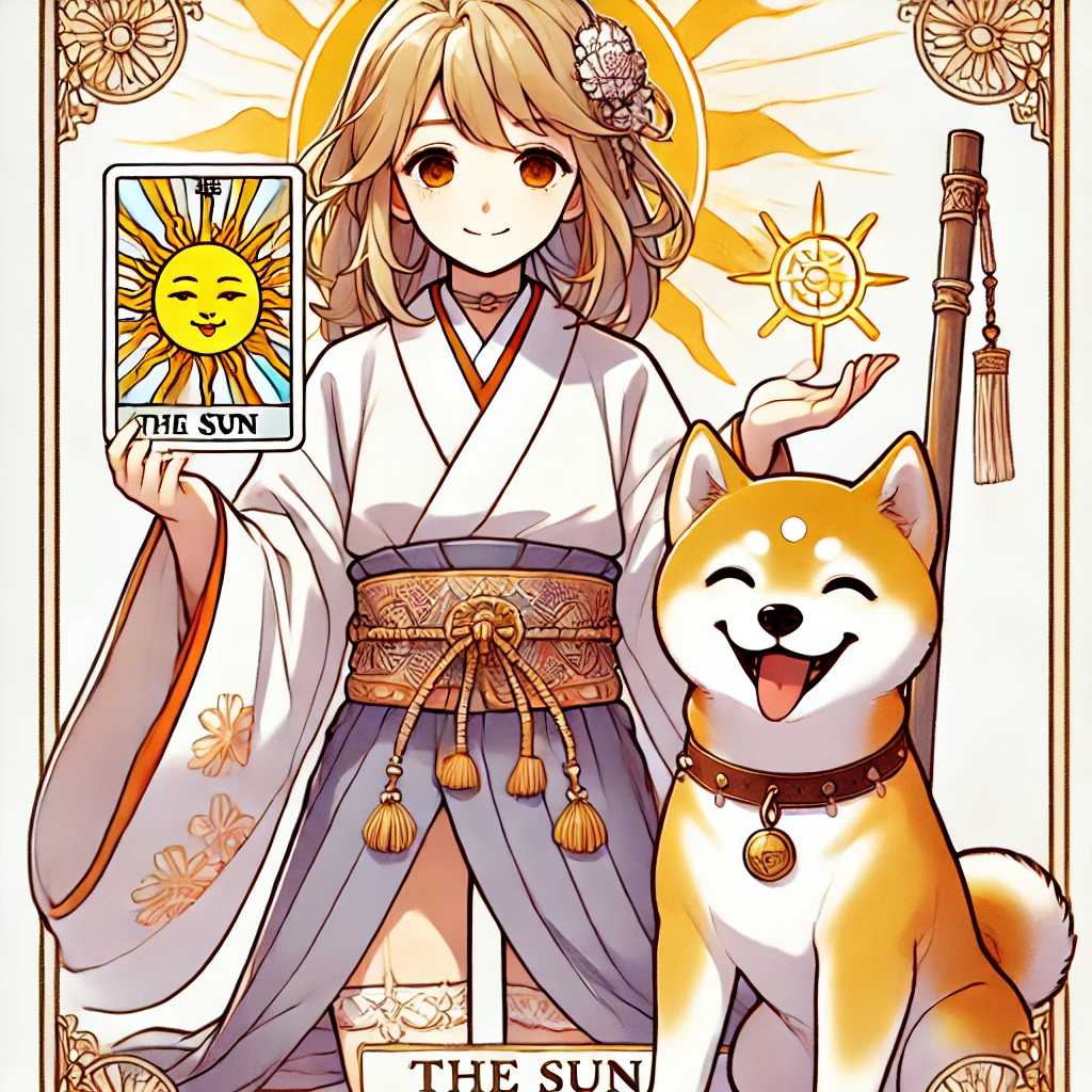 DALL·E-2024-10-29-23.17.20-A-full-body-illustration-of-The-Sun-tarot-card-character-in-a-Japanese-anime-style-with-an-adult-figure-to-convey-maturity-while-retaining-warmth-a タロットの大アルカナ「愚者の旅」とは？人生の成長と自己発見の象徴タロットカードの世界WITH柴犬！