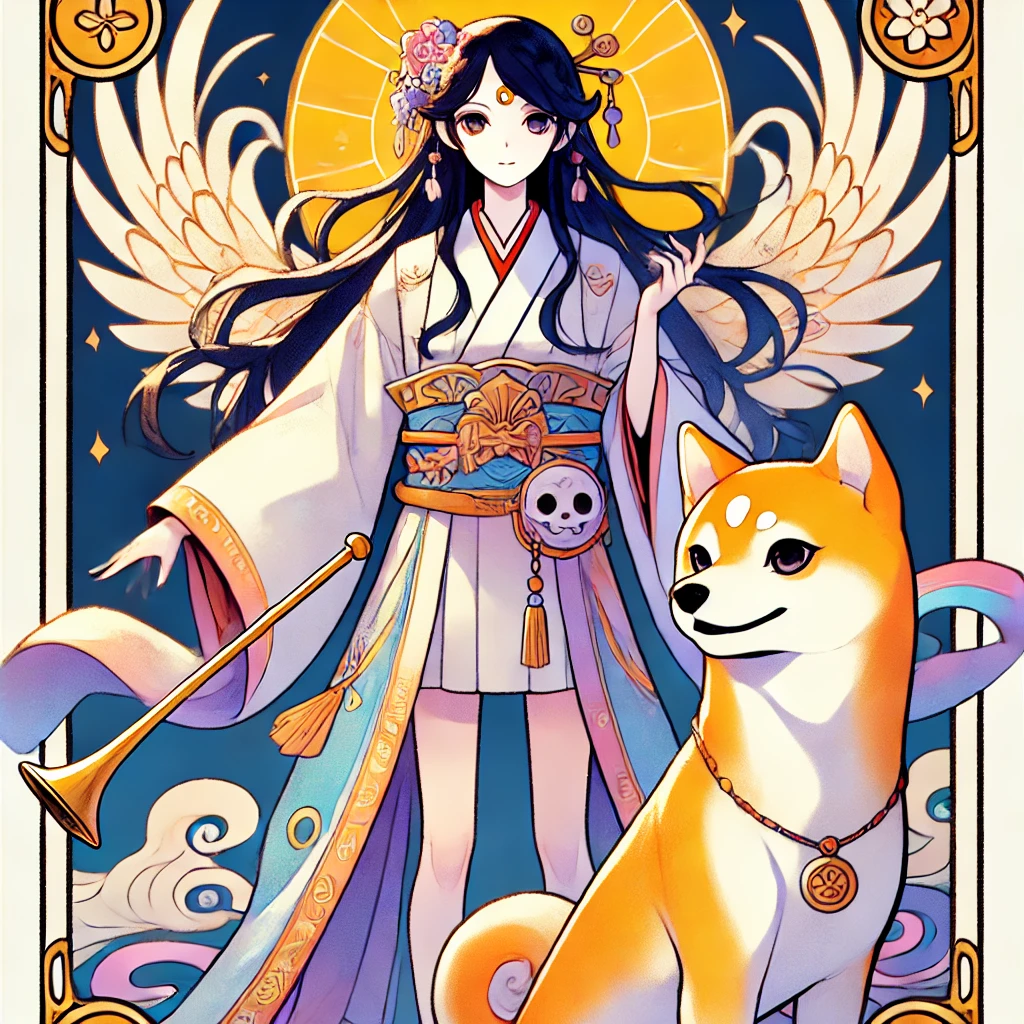 DALL·E-2024-10-29-23.19.03-A-full-body-illustration-of-Judgement-tarot-card-character-in-a-Japanese-anime-style-matching-the-vibrant-and-whimsical-tone-of-previous-cards.-The-1 タロットの大アルカナ「愚者の旅」とは？人生の成長と自己発見の象徴タロットカードの世界WITH柴犬！