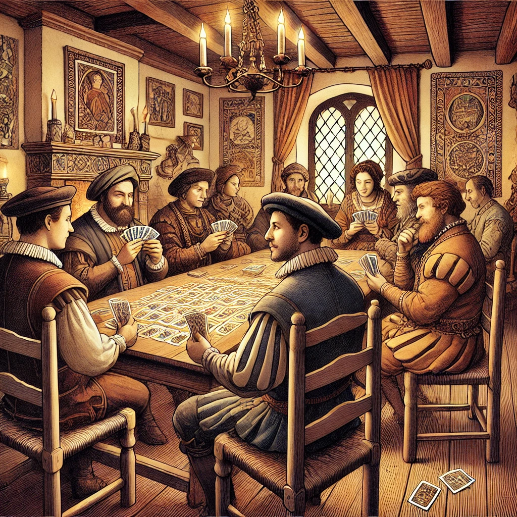 DALL·E-2024-10-29-23.50.19-An-illustration-depicting-a-group-of-players-engaged-in-a-game-of-Tarocchi-historical-tarot-card-game-in-a-cozy-15th-century-European-setting.-The- タロットの大アルカナ「愚者の旅」とは？人生の成長と自己発見の象徴タロットカードの世界WITH柴犬！