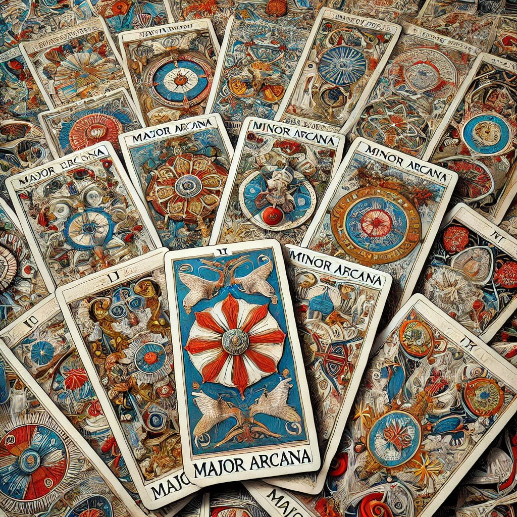 DALL·E-2024-10-29-23.56.08-A-detailed-illustration-of-a-Tarocchi-deck-a-historical-tarot-deck-from-15th-century-Europe.-The-deck-includes-beautifully-decorated-Major-Arcana-and タロットの大アルカナ「愚者の旅」とは？人生の成長と自己発見の象徴タロットカードの世界WITH柴犬！