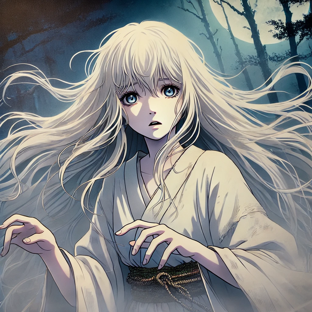 DALL·E-2024-10-30-21.25.21-A-Japanese-anime-style-illustration-of-a-Banshee-from-Irish-folklore-portrayed-as-a-ghostly-ethereal-young-woman-with-long-flowing-white-hair-and-s 日本の幽霊とアイルランドのバンシーの伝承：文化を超えた死の予兆の物語