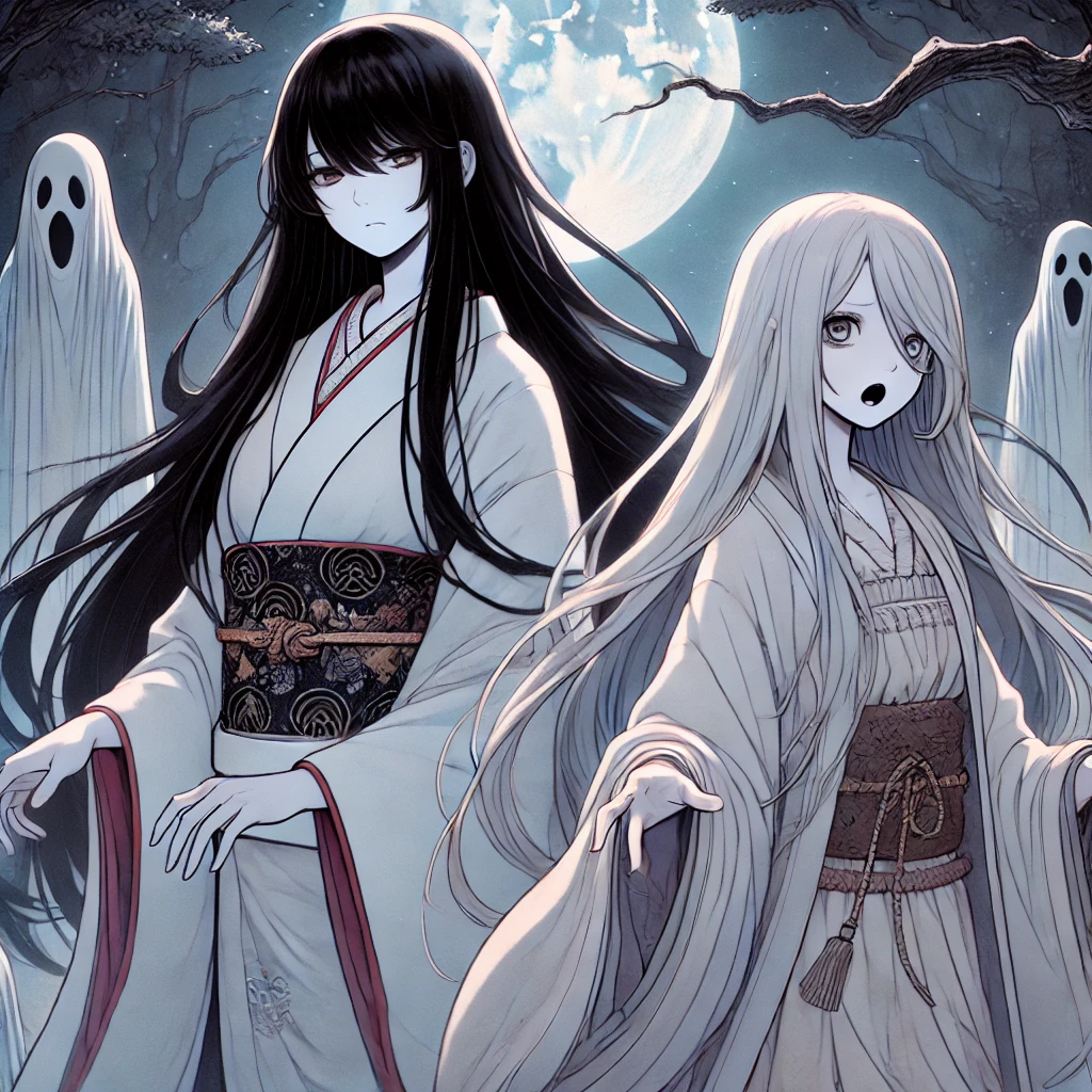 DALL·E-2024-10-30-21.26.01-A-Japanese-anime-style-illustration-depicting-a-traditional-Japanese-ghost-yurei-and-an-Irish-banshee-standing-side-by-side.-The-yurei-has-long-blac 日本の幽霊とアイルランドのバンシーの伝承：文化を超えた死の予兆の物語