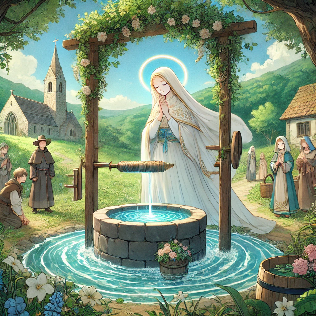 DALL·E-2024-11-02-03.24.28-Illustration-of-Saint-Brigid-at-her-healing-well-based-on-the-legend-of-her-connection-to-healing-and-water.-Use-the-previously-established-design-of 聖ブリギットに見る信仰の融合：ケルトとキリスト教が紡ぐアイルランドの文化遺産