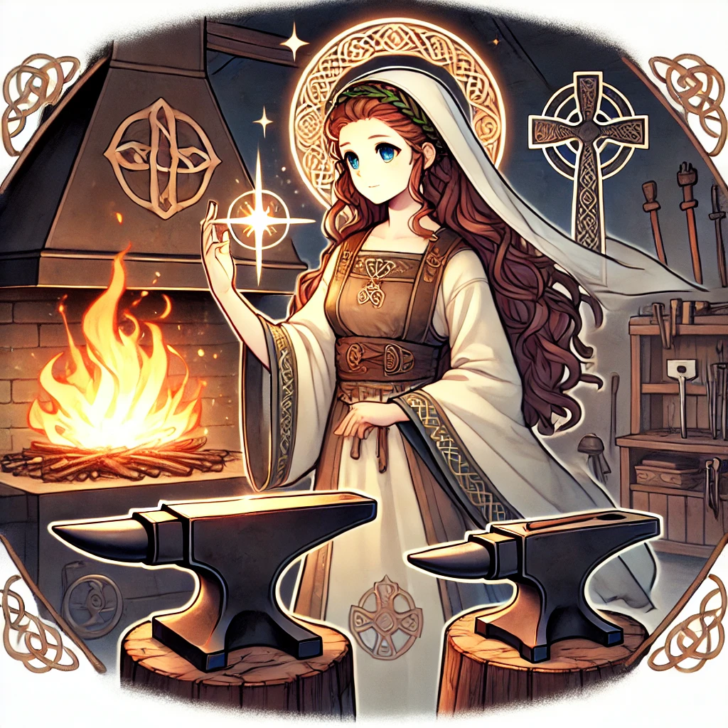 DALL·E-2024-11-02-03.28.58-Illustration-of-Saint-Brigid-as-the-goddess-of-blacksmithing-symbolizing-fire-creation-and-rebirth.-Use-the-previously-established-design-of-Brigid 聖ブリギットに見る信仰の融合：ケルトとキリスト教が紡ぐアイルランドの文化遺産