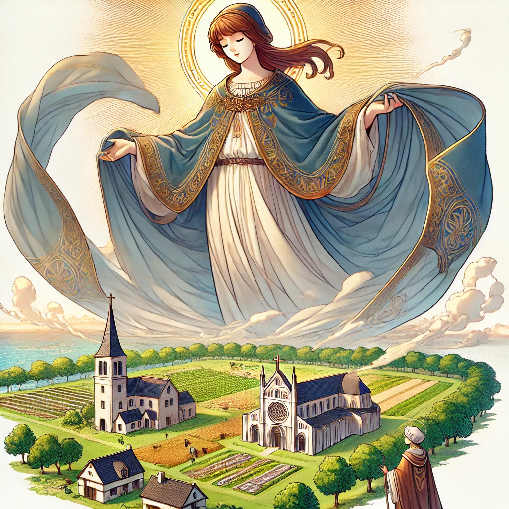 DALL·E-2024-11-02-12.15.07-Illustration-of-Saint-Brigid-building-her-monastery-based-on-her-miracle-of-the-cloak-expanding-to-acquire-land.-Use-the-previously-established-desig 聖ブリギットに見る信仰の融合：ケルトとキリスト教が紡ぐアイルランドの文化遺産