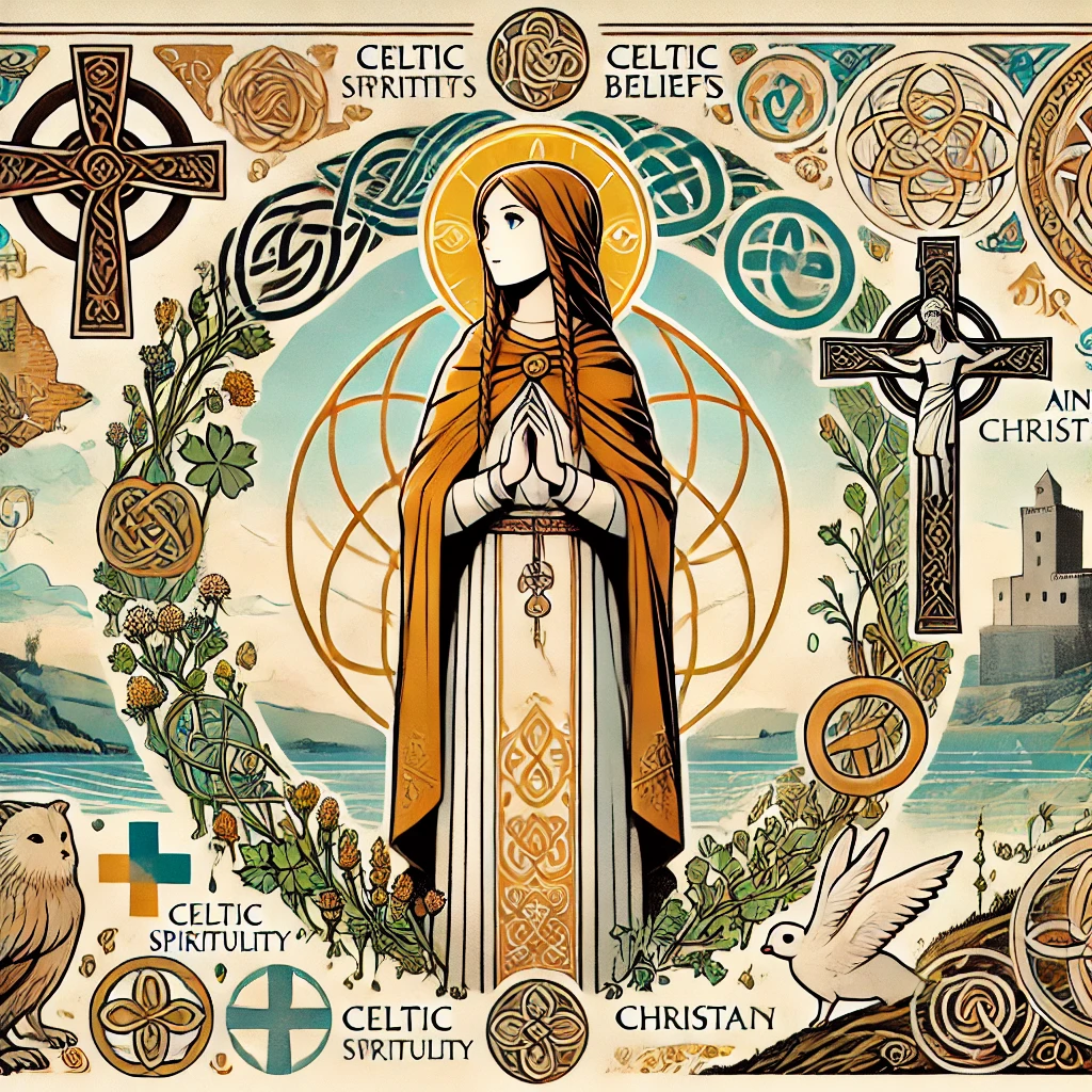 DALL·E-2024-11-02-12.52.55-Illustration-depicting-the-fusion-of-Celtic-beliefs-with-Christianity-showing-Saint-Brigid-as-a-symbolic-figure-of-this-cultural-preservation.-Use-th 聖ブリギットに見る信仰の融合：ケルトとキリスト教が紡ぐアイルランドの文化遺産